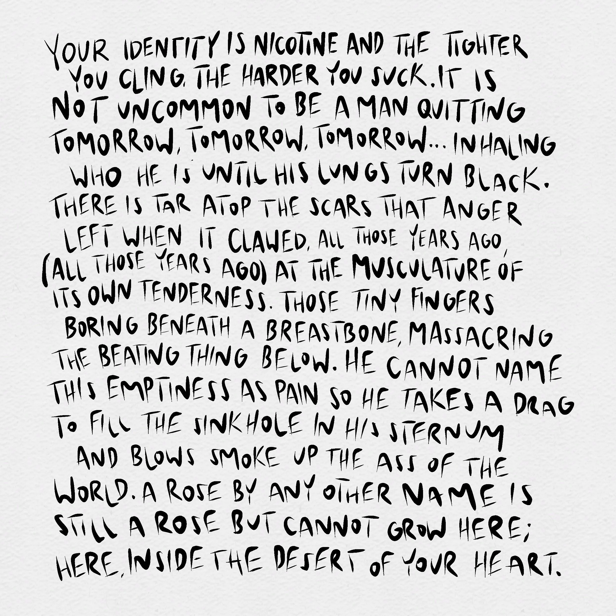 Handwritten quote about identity, nicotine, and emotional scars, describing pain and resilience, written on a textured white paper.