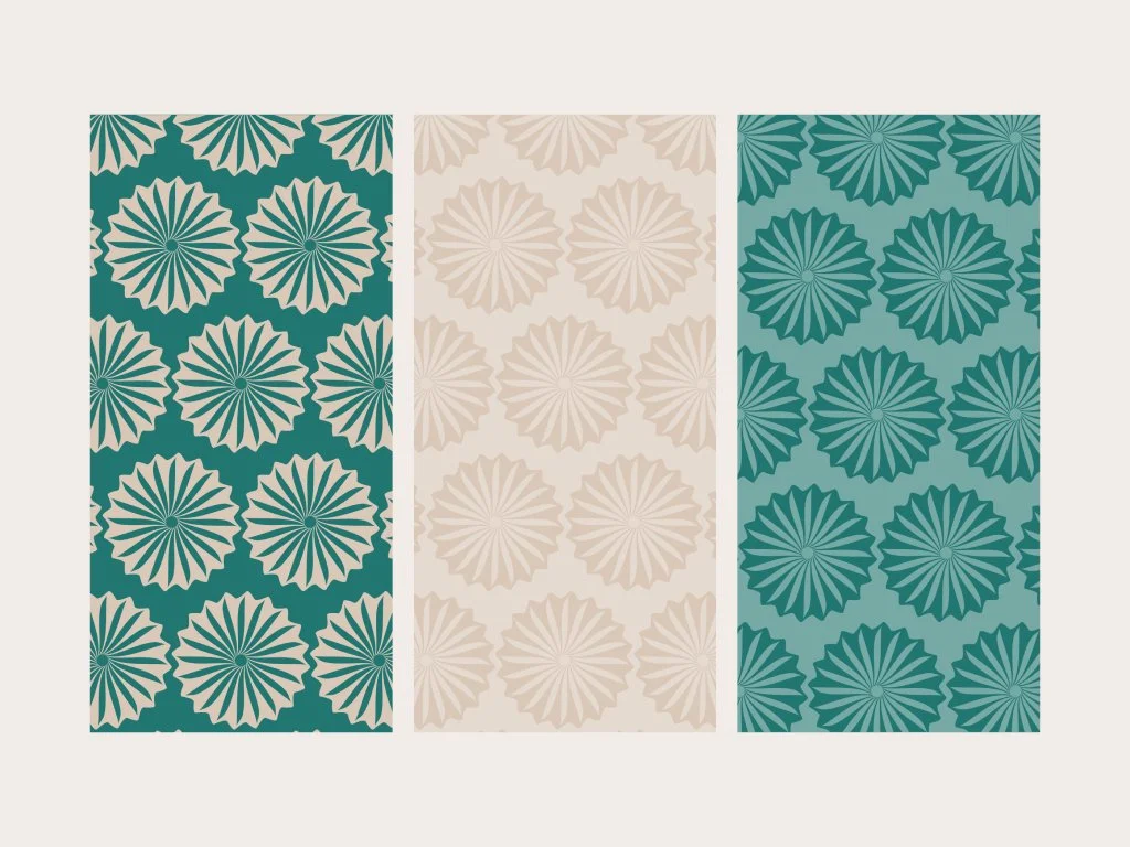 Three vertical panels with different geometric pattern designs featuring starburst shapes in muted colors.
