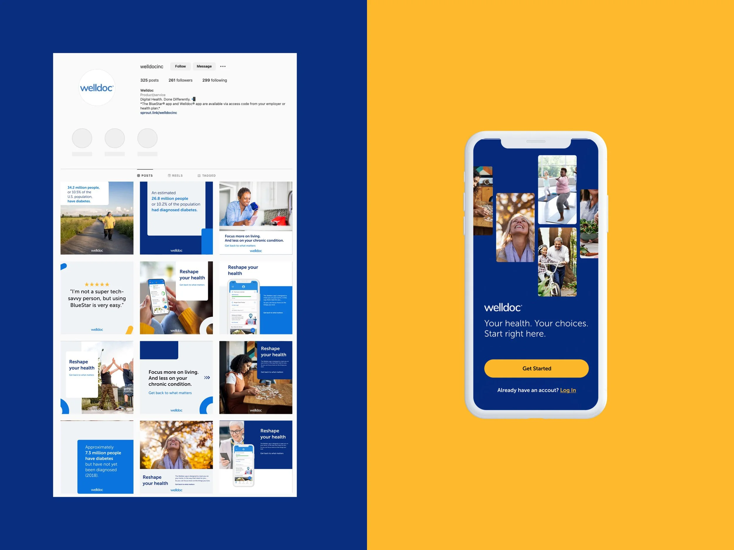 A split-screen image displaying a social media profile of welldoc on the left, and a mobile app login screen for welldoc on the right, with a blue background on the left side and a yellow background on the right side.