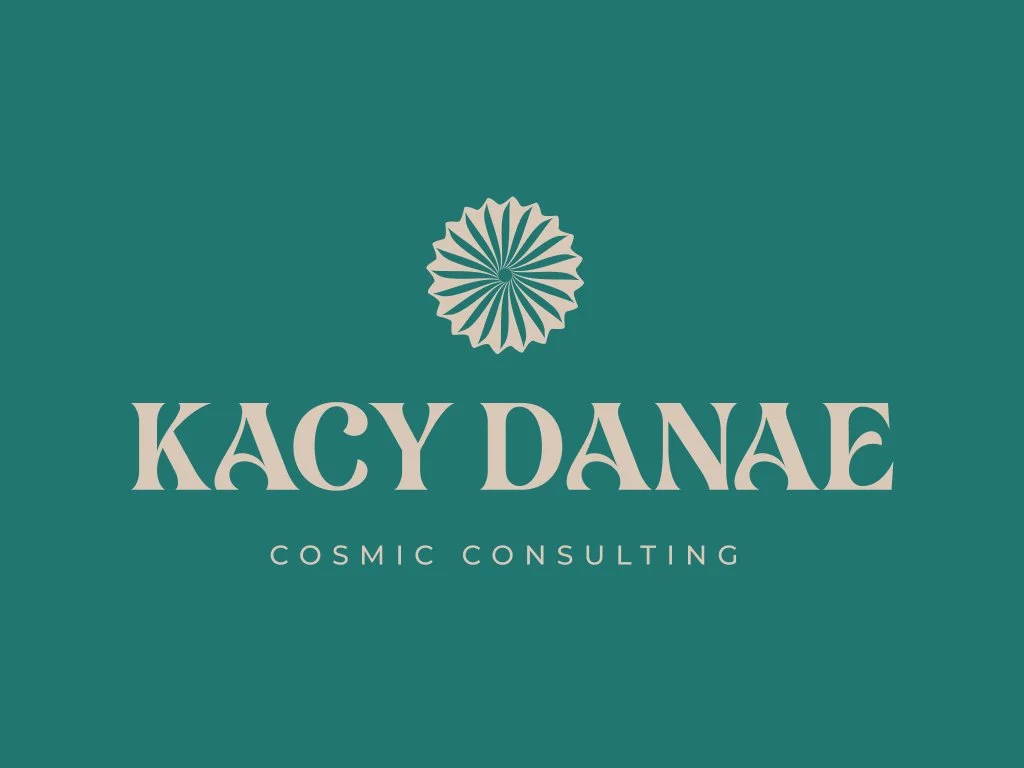 Logo for Kacy Danae Cosmic Consulting, featuring a stylized circular graphic above the name in bold serif font, on a teal background.
