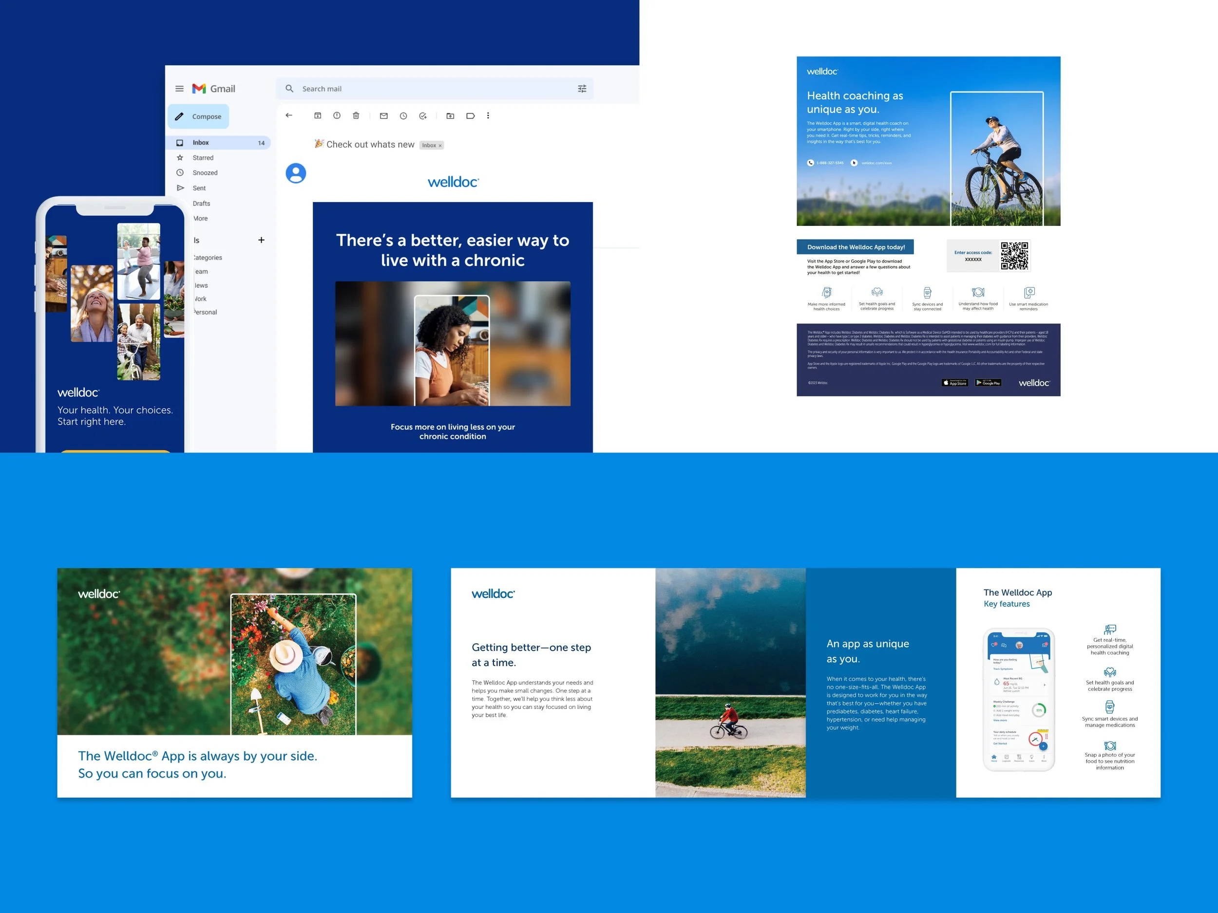 Collection of digital marketing materials for the Welldoc app, including mobile phone screens and promotional flyers highlighting features like health coaching, managing chronic conditions, and app benefits.