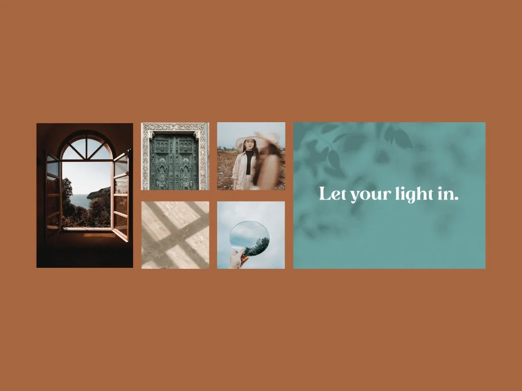 A collage of six images with a teal background and white text that says "Let your light in." The images include an open window with a landscape view, a decorative green door, a woman in a hat outdoors, a shadow pattern on a surface, a hand holding a