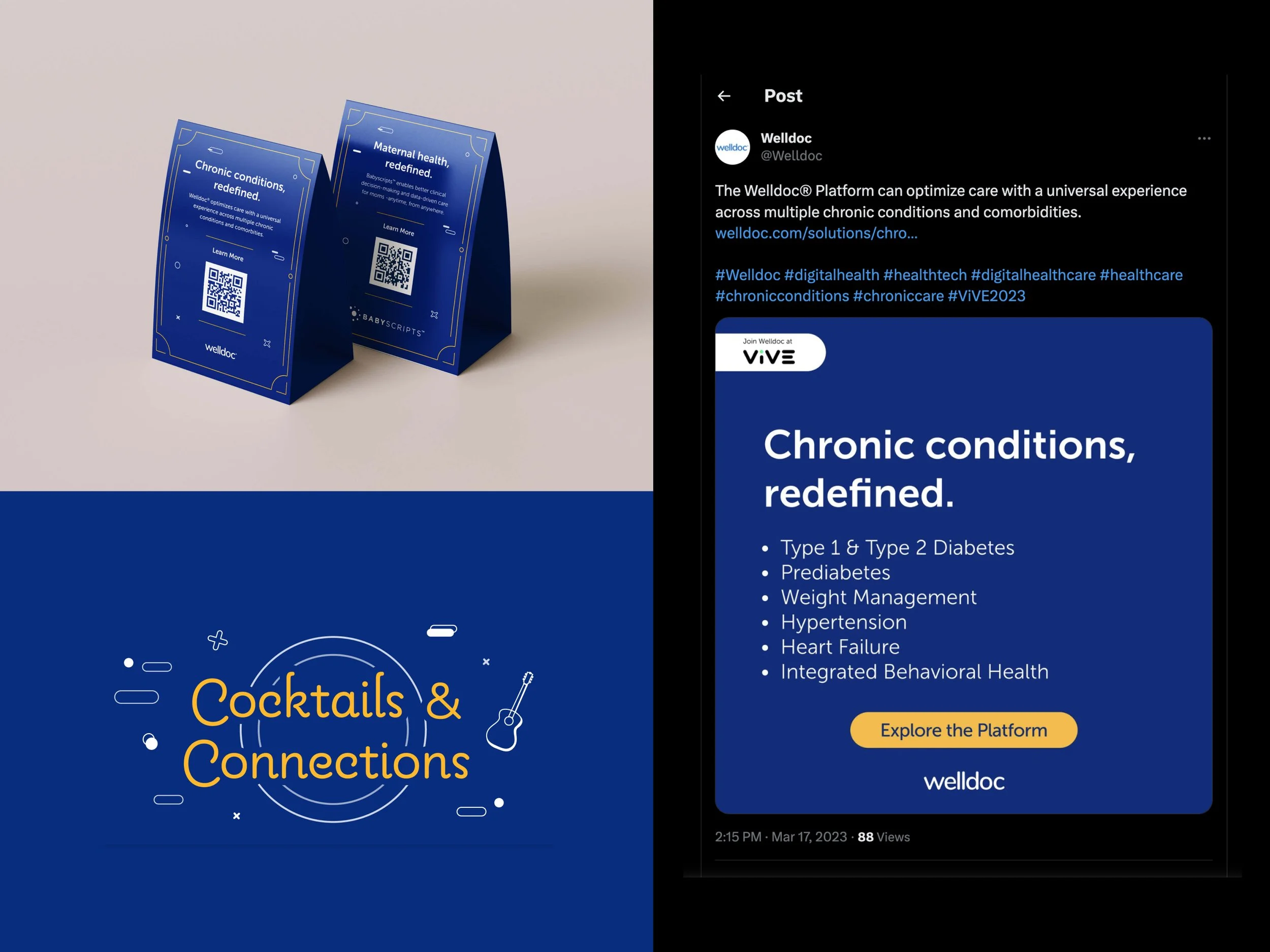 Left side shows two blue paper bags with QR codes and text about chronic conditions and maternal health. The bottom left features a dark blue graphic with yellow text that reads 'Cocktails & Connections' and small icons of a cocktail glass, musical n