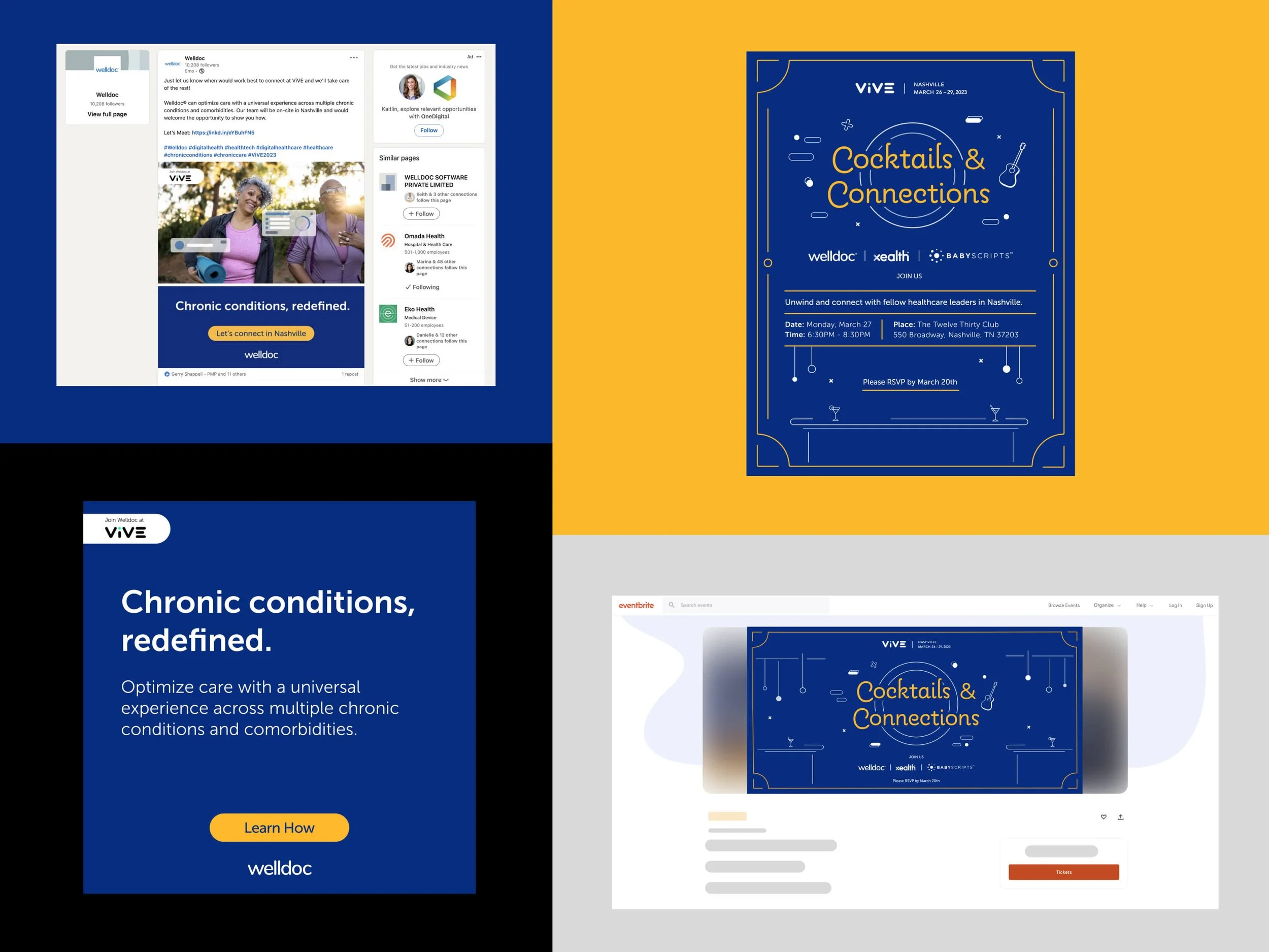 Collage of four digital graphics promoting a healthcare event called 'Cocktails & Connections' in Nashville on March 26-29, 2023, featuring stylized blue and yellow designs, event details, and branding for Welldoc, XHealth, and Baby Scripts.