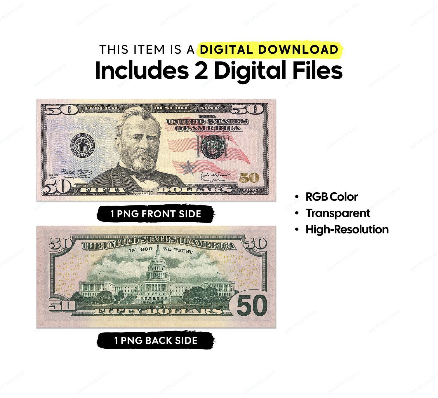 US 50 Dollar Bill Money PNG Graphic Banknote Front Back — drypdesigns