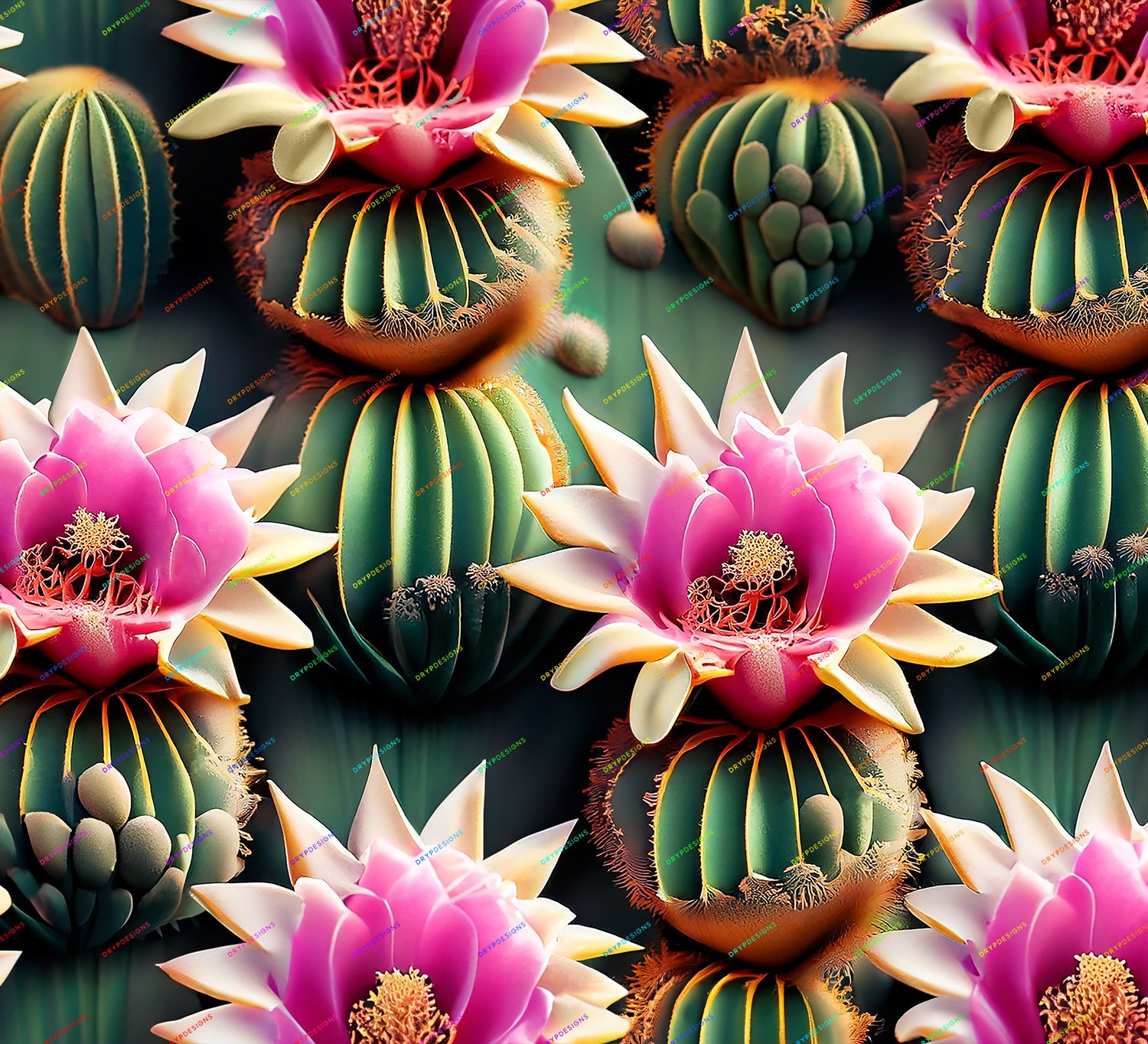 3D Cactus Flowers Seamless Digital Paper Background Bundle — drypdesigns