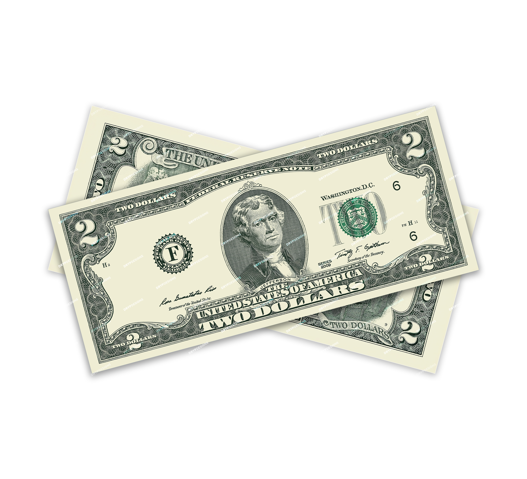 US $2 Dollar Bill Front & Back PNG Graphic