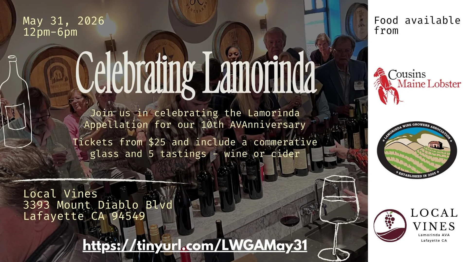 Lamorinda AVAnnivesary

When: Sunday, May 31 | 12:00 PM &ndash; 6:00 PM
Where: Our Tasting Room at Local Vines (3393 Mount Diablo Blvd, Lafayette)
Cost: $25 per person
Includes: 5 tastes + a commemorative glass

Come raise a glass to our incredible l