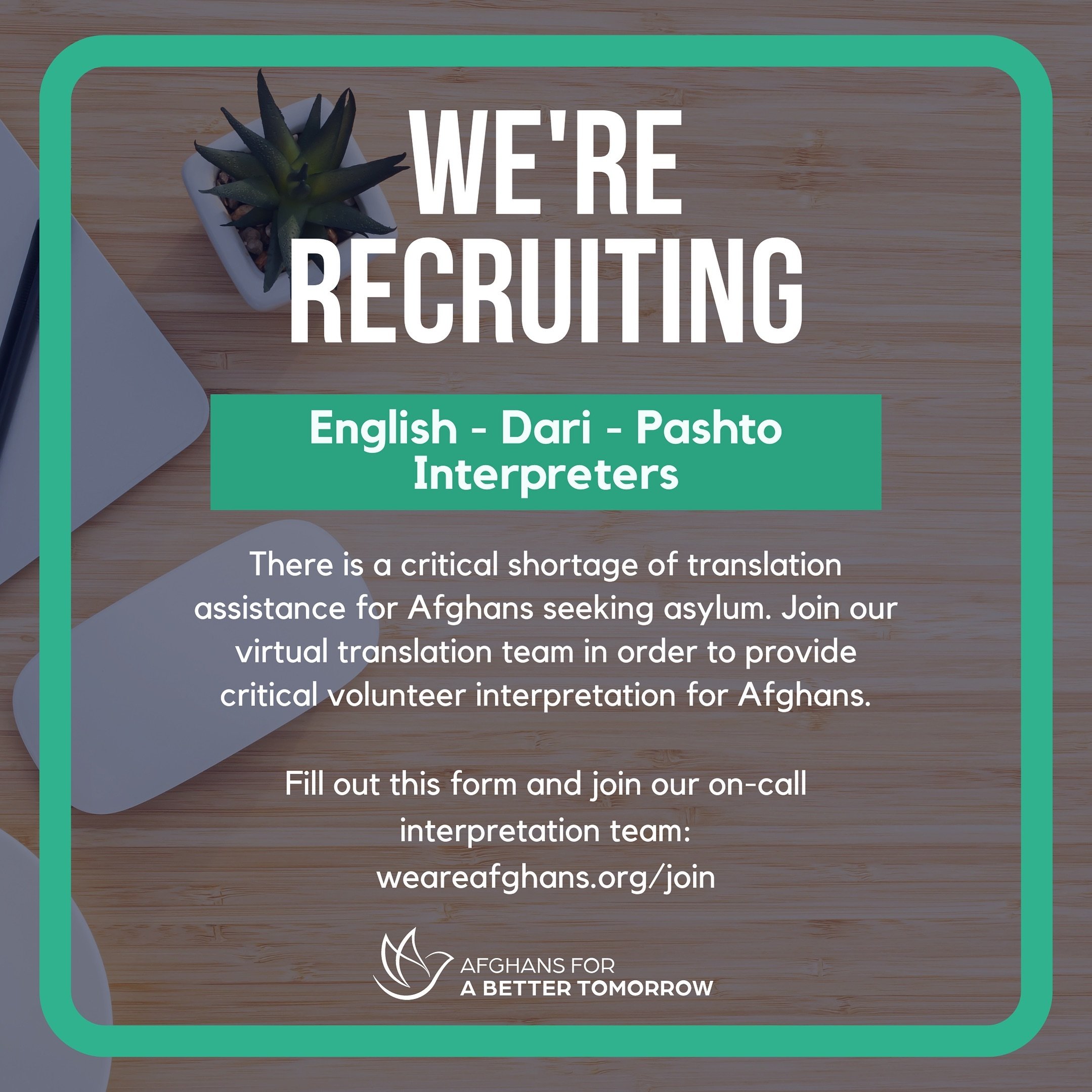 📣 CALL FOR VOLUNTEERS 📣 

We are seeking Dari-English and Pashto-English interpreters and translators! This is a remote/virtual volunteer opportunity to provide critical language access to Afghans seeking asylum. Help make a crucial difference by v