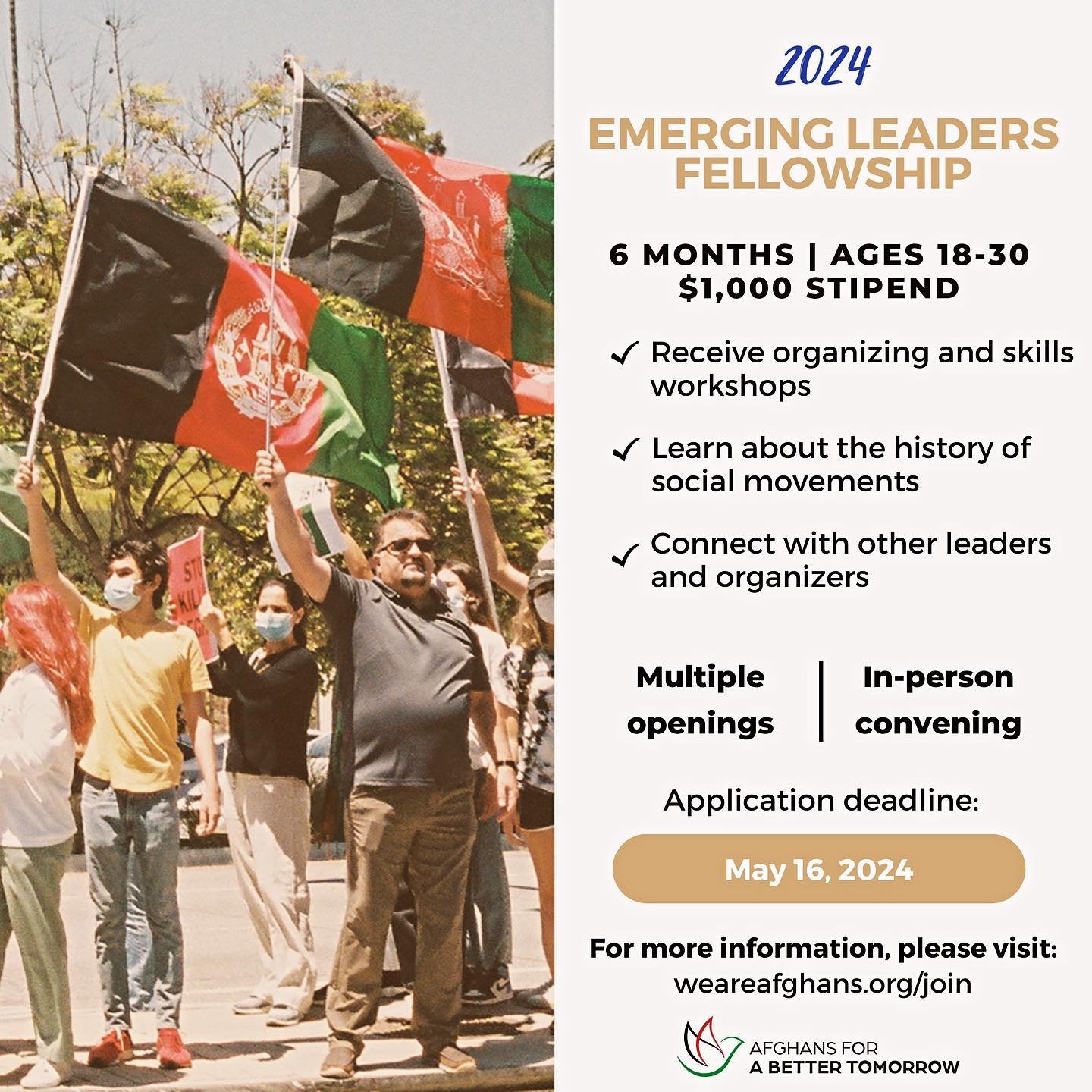🚨 We are proud to announce the second year of our Emerging Leaders Fellowship ‼️

We invite young Afghan Americans to apply for our 6-month fellowship, for which you will receive a $1,000 stipend, as well as skills and community organizing workshops