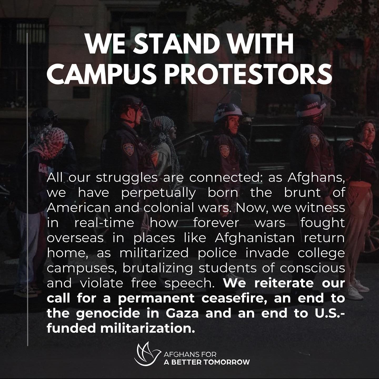 All our struggles are interconnected: our community knows how American militarism has hurt our Afghan-American community, both here in the United States and across the world. We must be crystal clear about how the war on terror infrastructure is now 