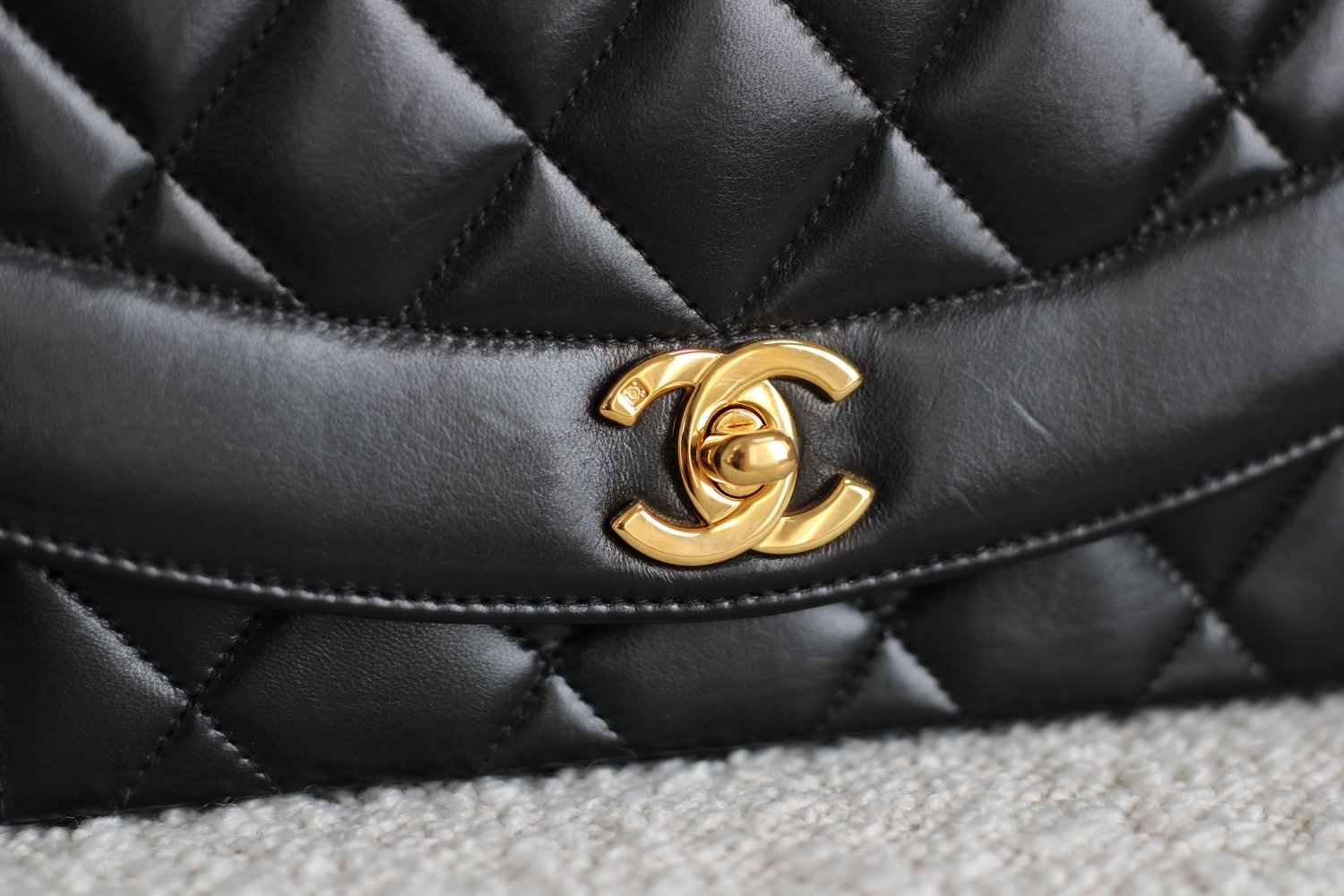 Vintage Chanel Black Lambskin Small Diana with 24k Gold Hardware