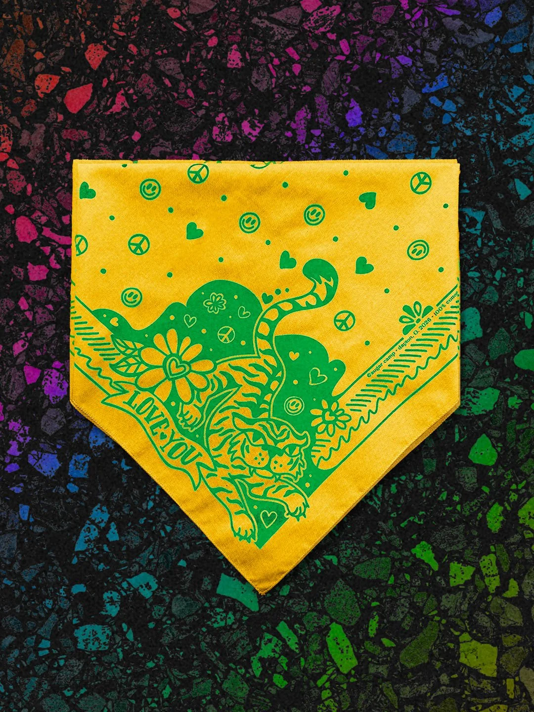 Love Hard Bandana by Sugar Camp in Golden Grace w/ bright green ink on a black rainbow terrazzo background. Features sweet, fierce tiger, hearts, smileys, and peace signs.