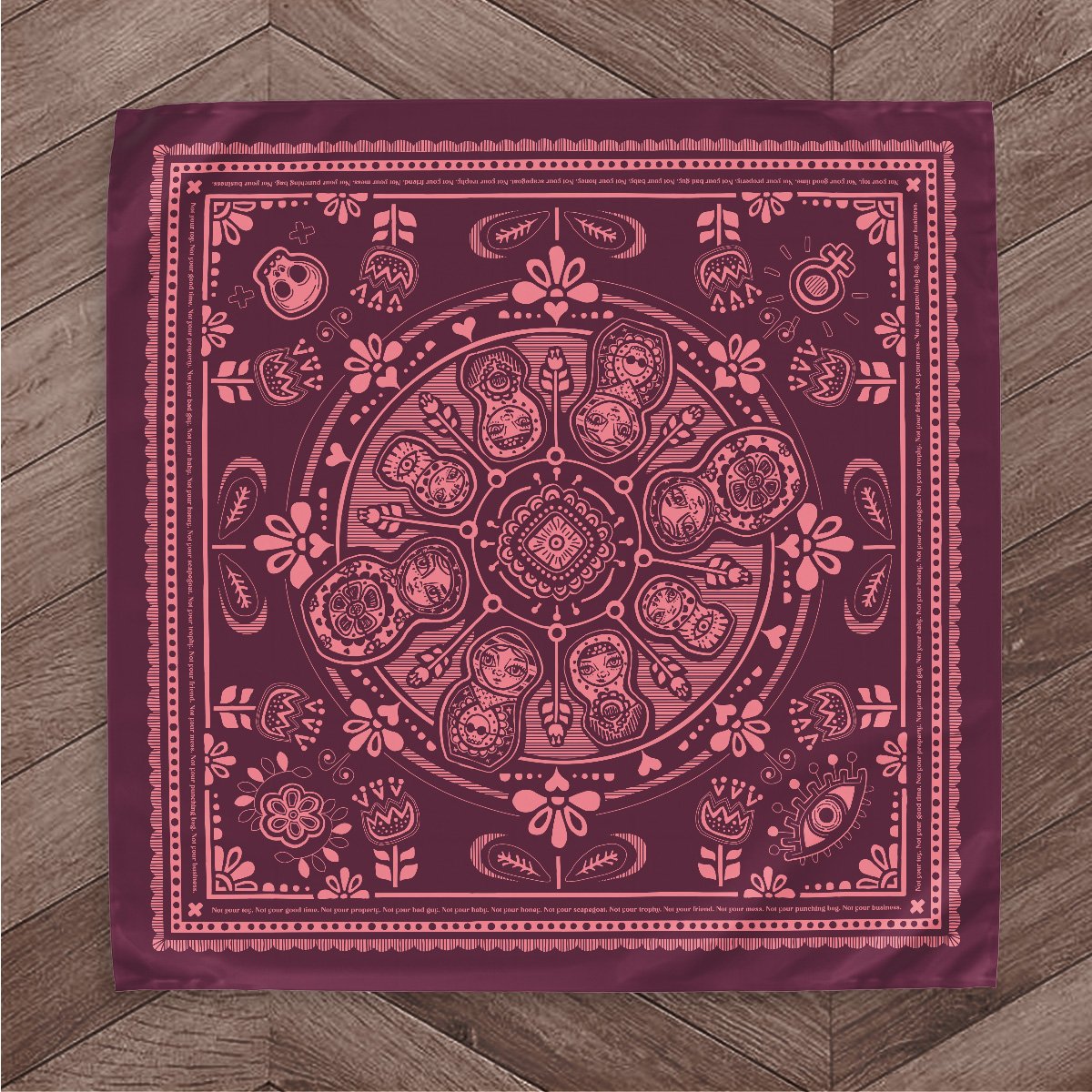 Sugar Camp Matryoshka nesting doll cotton feminist bandana in burgundy oleander