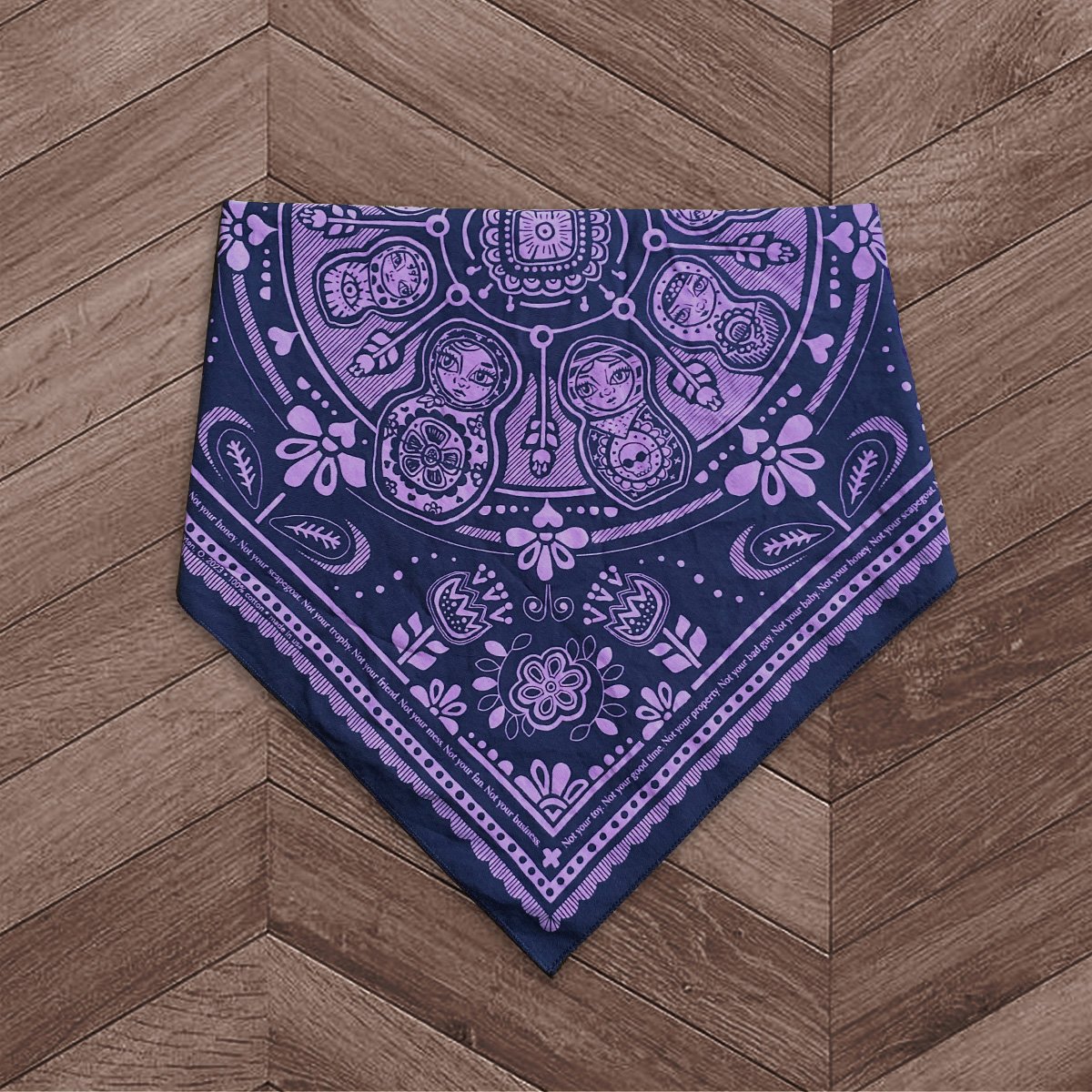 Sugar Camp Matryoshka nesting doll cotton feminist bandana in navy wisteria.