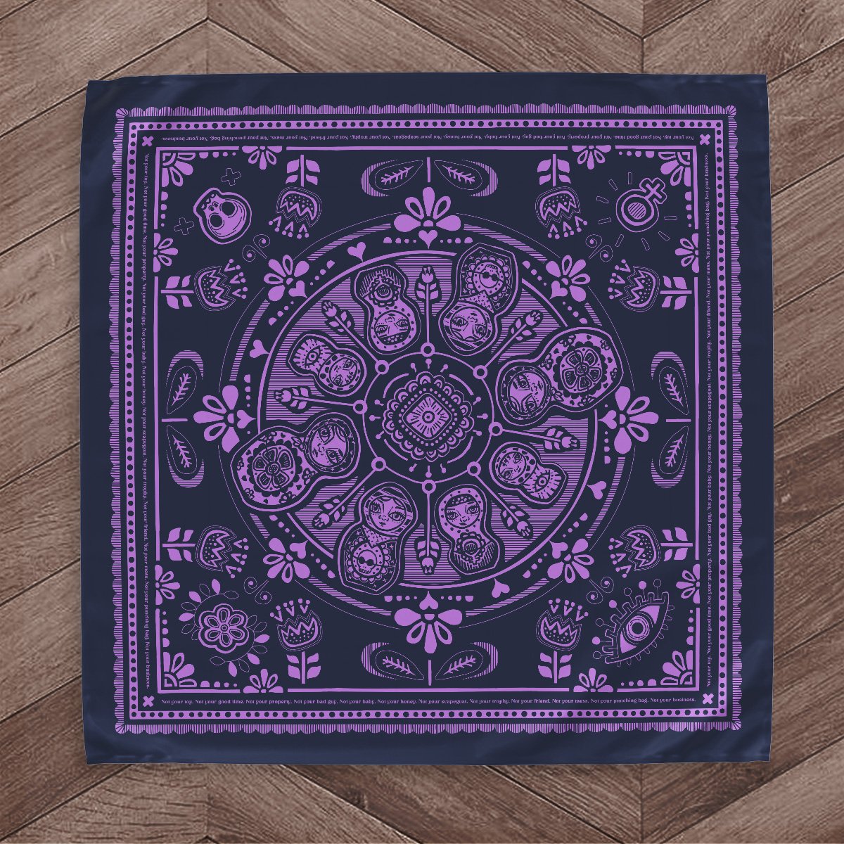 Sugar Camp Matryoshka nesting doll cotton feminist bandana in navy wisteria.