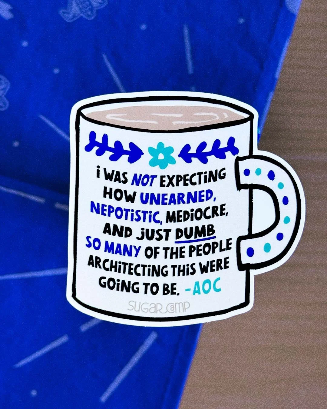 I was not expecting how unearned, nepotistic, mediocre, and just dumb so many of the people architecting this were going to be.” Illustrated with blue flowers and dots
