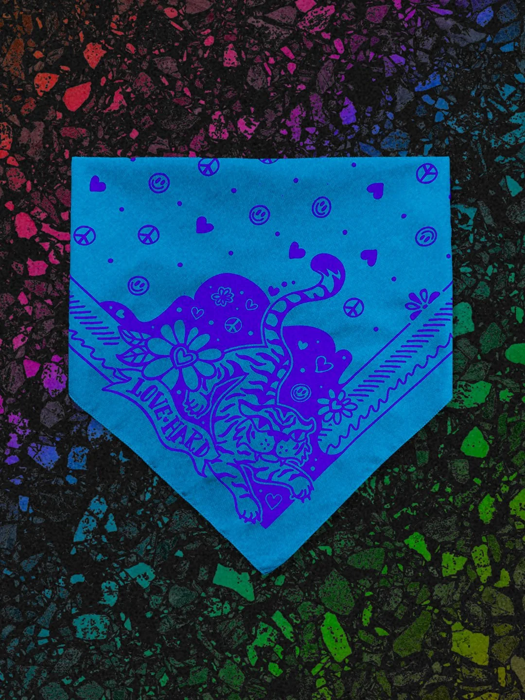 Love Hard Bandana by Sugar Camp in Turquoise & cobalt ink on a black rainbow terrazzo background. Features sweet, fierce tiger, hearts, smileys, and peace signs.