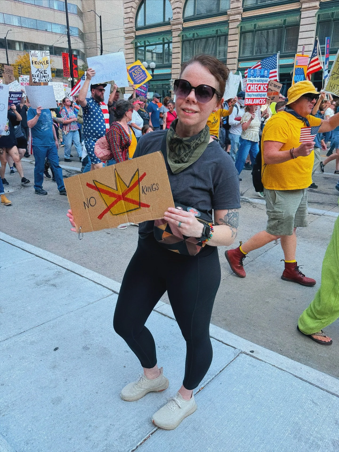 The Gem City sure did shine up today! I&rsquo;ve heard estimates that 7,000 people showed up to protest for #nokingsday in Dayton,OH! I saw kind deeds, inflatable-costumed-characters, people helping others, dancing, and bubbles. We love this country,