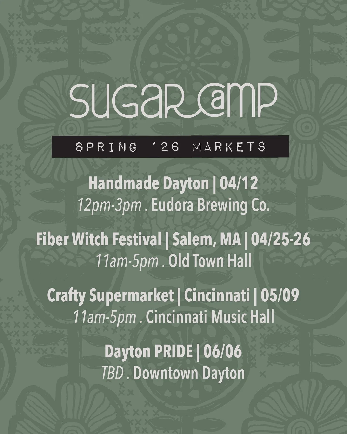 Lots of great opportunites to meet up IRL this spring! 

🎨Handmade Dayton 
04/12
12pm-3pm . Eudora Brewing Co.
@handmadedayton

🕸️ Fiber Witch Festival | Salem, MA 
04/25 - 04/26
11am-5pm . Old Town Hall
@fiberwitchfestival

👑Crafty Supermarket | 