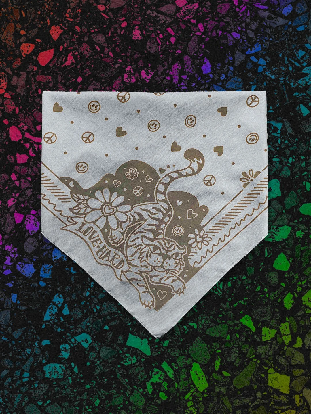 Love Hard Bandana by Sugar Camp in Mineral Gray w/ warm taupe ink on a black rainbow terrazzo background. Features sweet, fierce tiger, hearts, smileys, and peace signs.