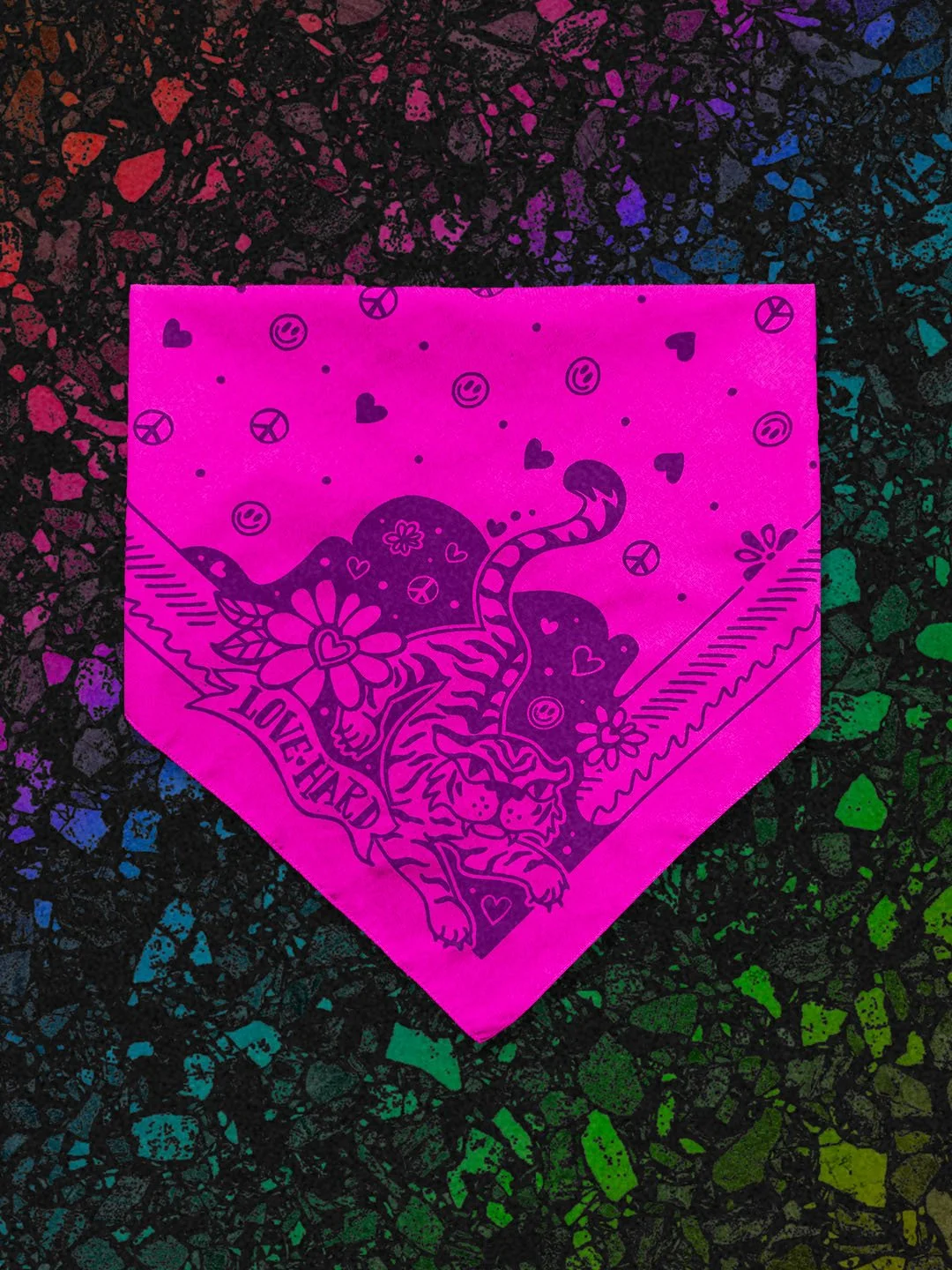 Love Hard Bandana by Sugar Camp in Hot Pink & purple ink on a black rainbow terrazzo background. Features sweet, fierce tiger, hearts, smileys, and peace signs.