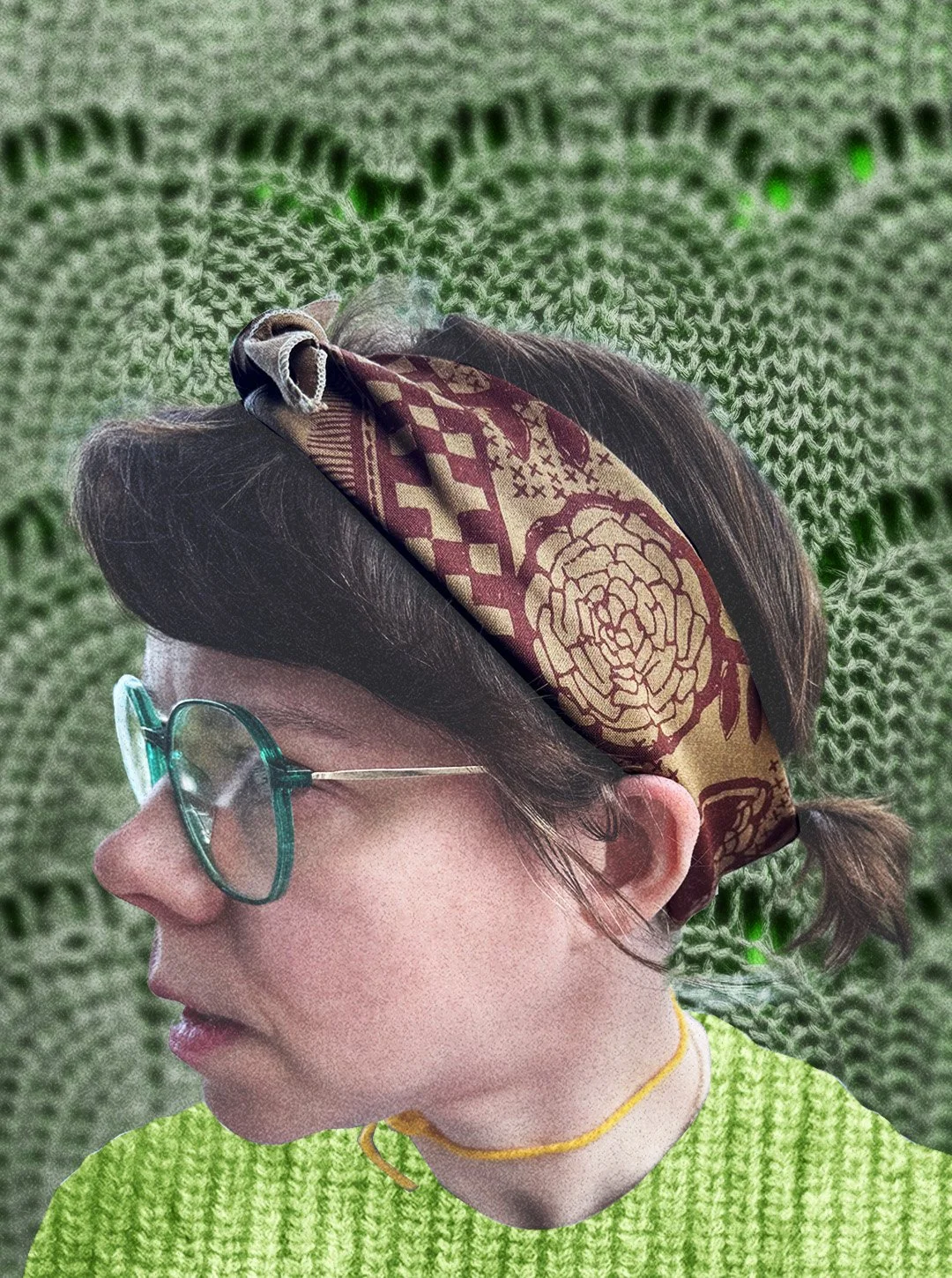 brown-haired woman profile, wears collaged knits and a mushroom brown sugar camp bandana