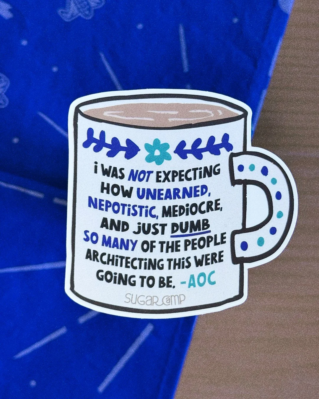 I was not expecting how unearned, nepotistic, mediocre, and just dumb so many of the people architecting this were going to be.” Illustrated with blue flowers and dots