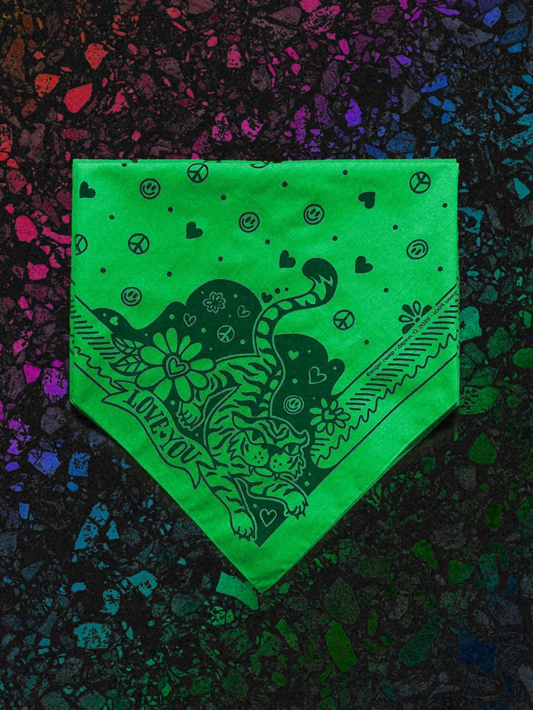 Love Hard Bandana by Sugar Camp in Emerald Soul on a black rainbow terrazzo background. Features sweet, fierce tiger, hearts, smileys, and peace signs.