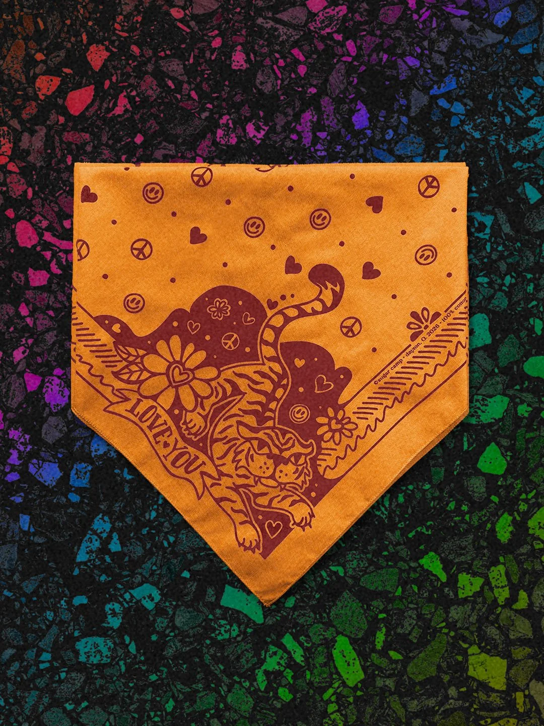 Love Hard Bandana by Sugar Camp in burnt orange & burgundy ink on a black rainbow terrazzo background. Features sweet, fierce tiger, hearts, smileys, and peace signs.