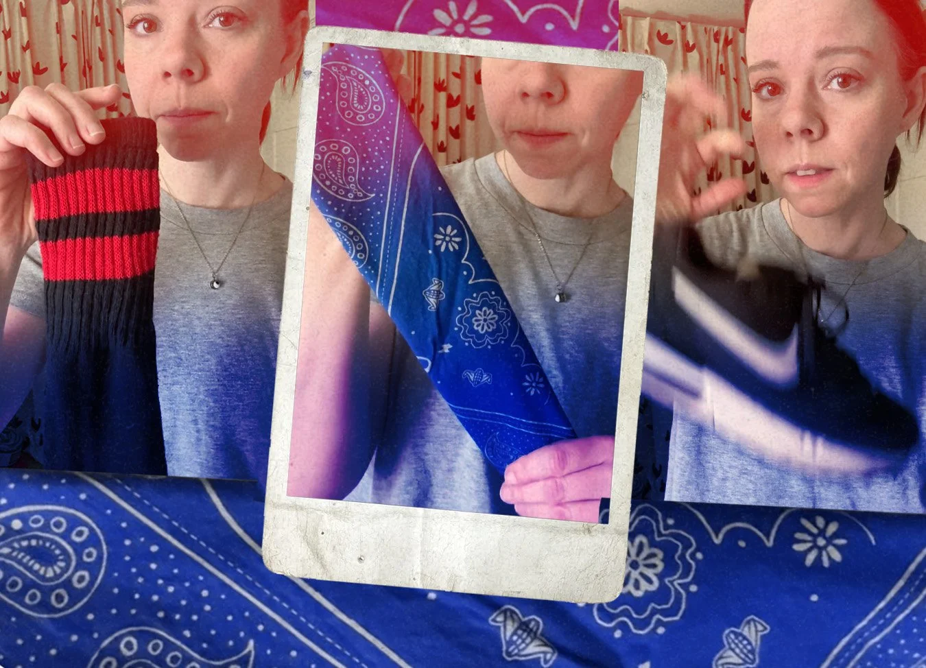 a photo collage of sugar camp bandanas'  Stranger Things El bandana outfit. 3 images of woman over blue bandana. One holding black and red tube socks, one blue bandana, and one with a floating nike shoe