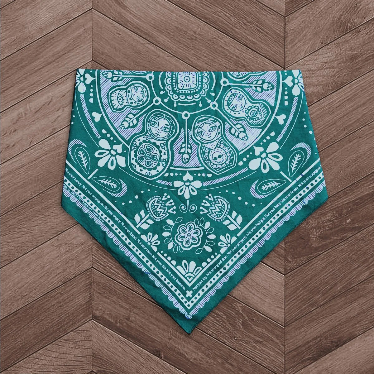 Sugar Camp Matryoshka nesting doll cotton feminist bandana in turqouise, featuring nesting doll matryoshka motif.