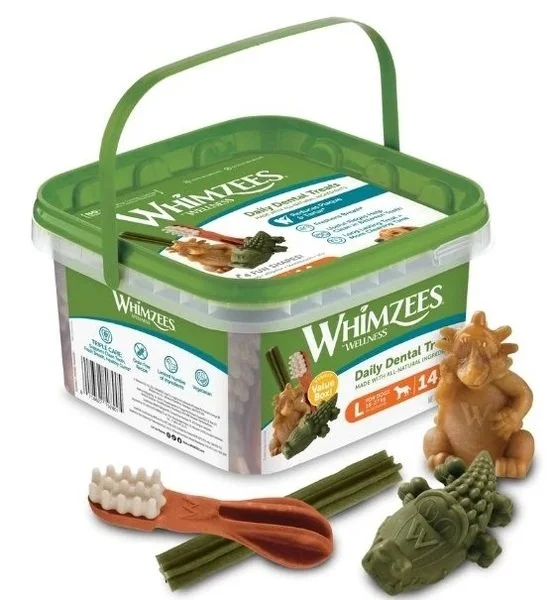 A green box filled with Whimzees daily dental treats.