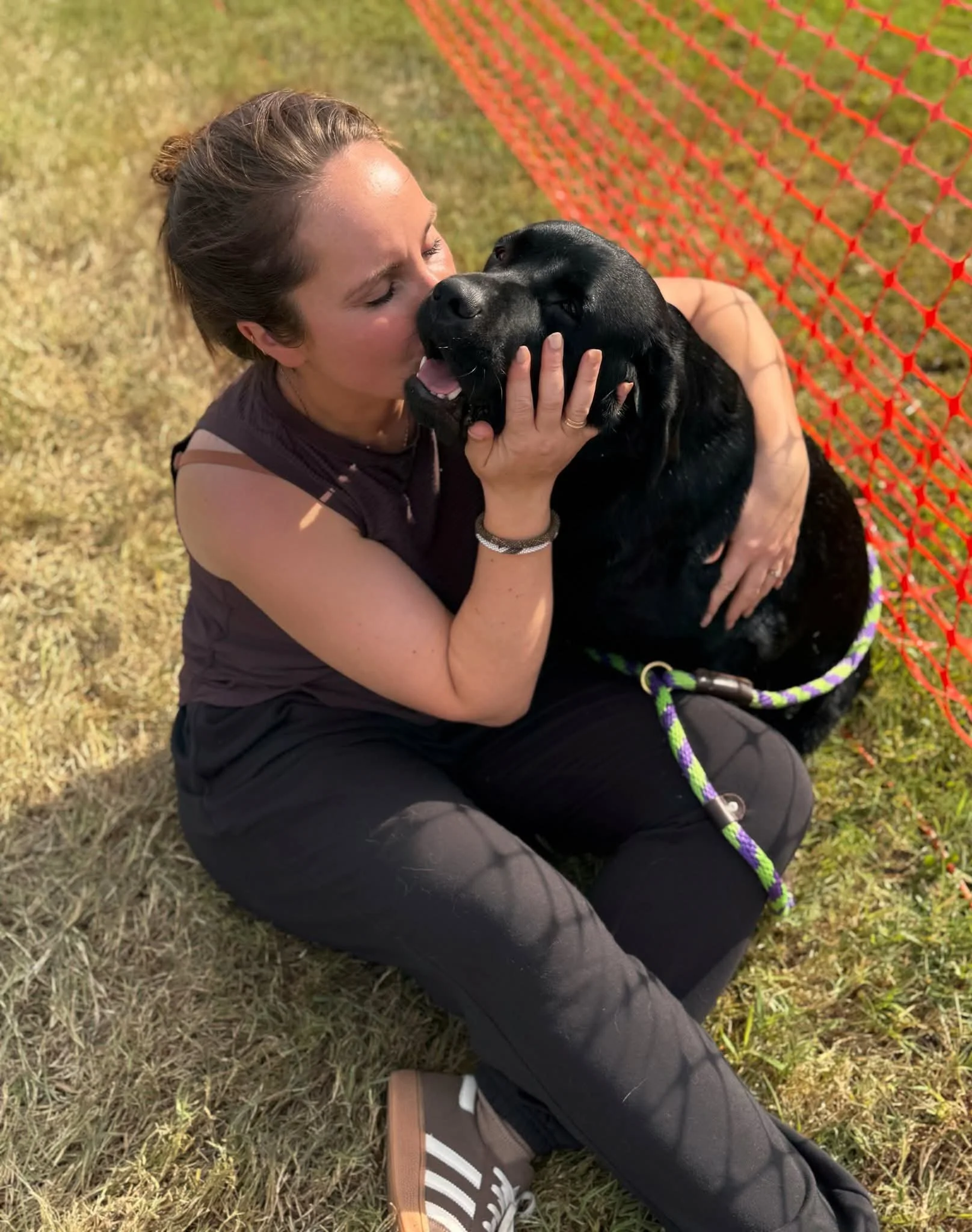 A woman sitting on the grass, hugging and kissing a black dog, with an orange fence in the background.