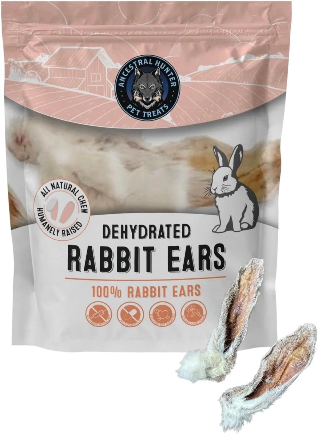 A white and pink bag of dehydrated rabbit ears.