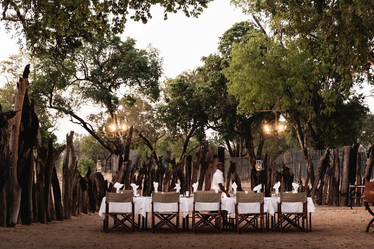 An outdoor dining setup with a long table, eight chairs, white tablecloth, napkins, and rustic ambiance, surrounded by trees and a wooden fence at sunset.
