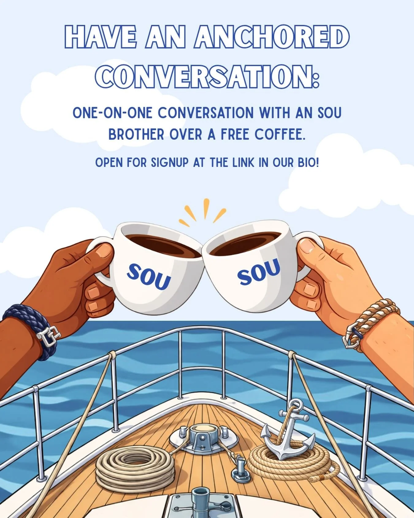 Free coffee, easy conversation, no pressure.

Coffee chats are a low-stakes way to get to know SOU, ask questions, and see if our crew is the right fit for you.

Sign up at the link in our bio or on our website uscsou.com by filling out the interest 