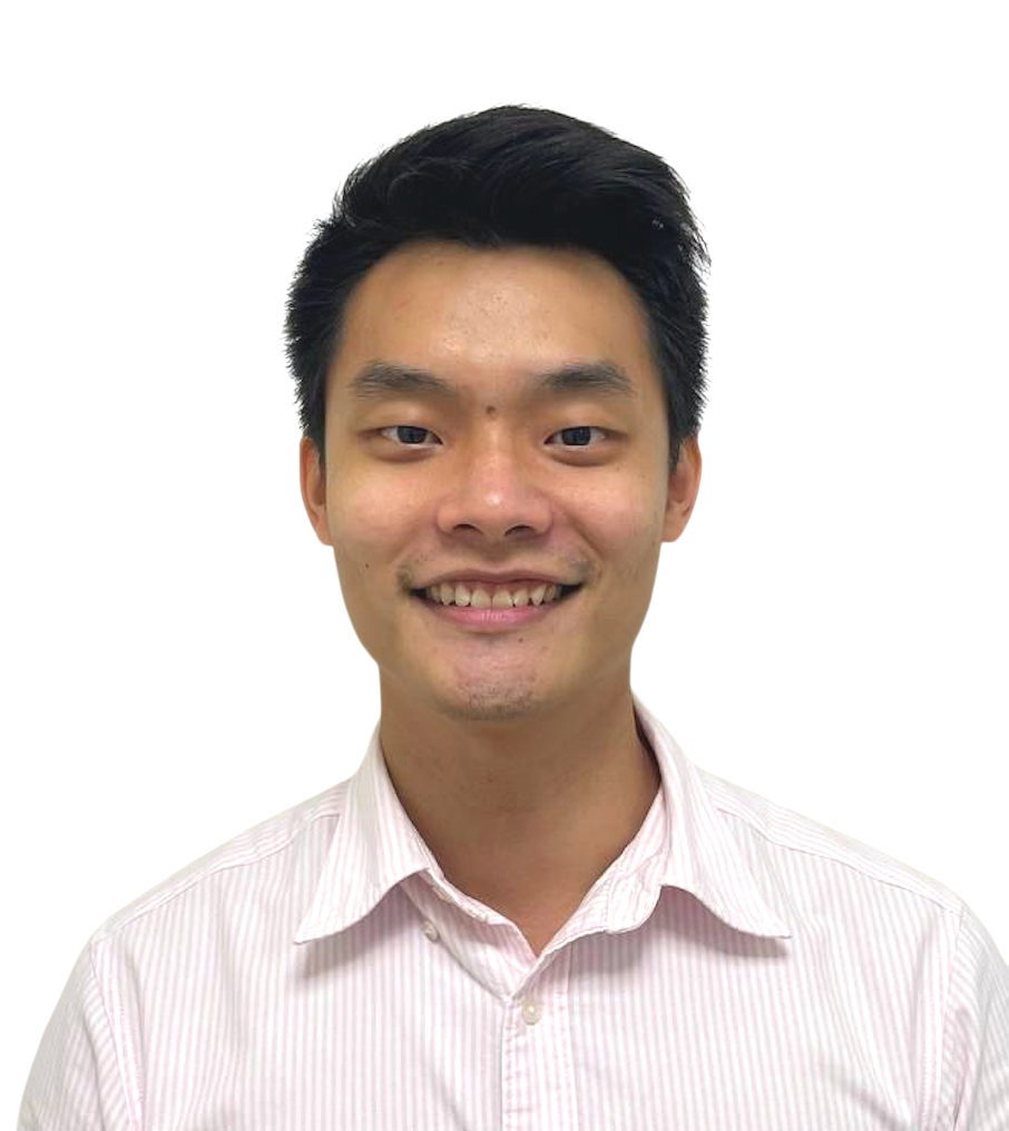 Headshot of a young man with short black hair, wearing a light pink and white striped dress shirt, smiling against a plain white background.
