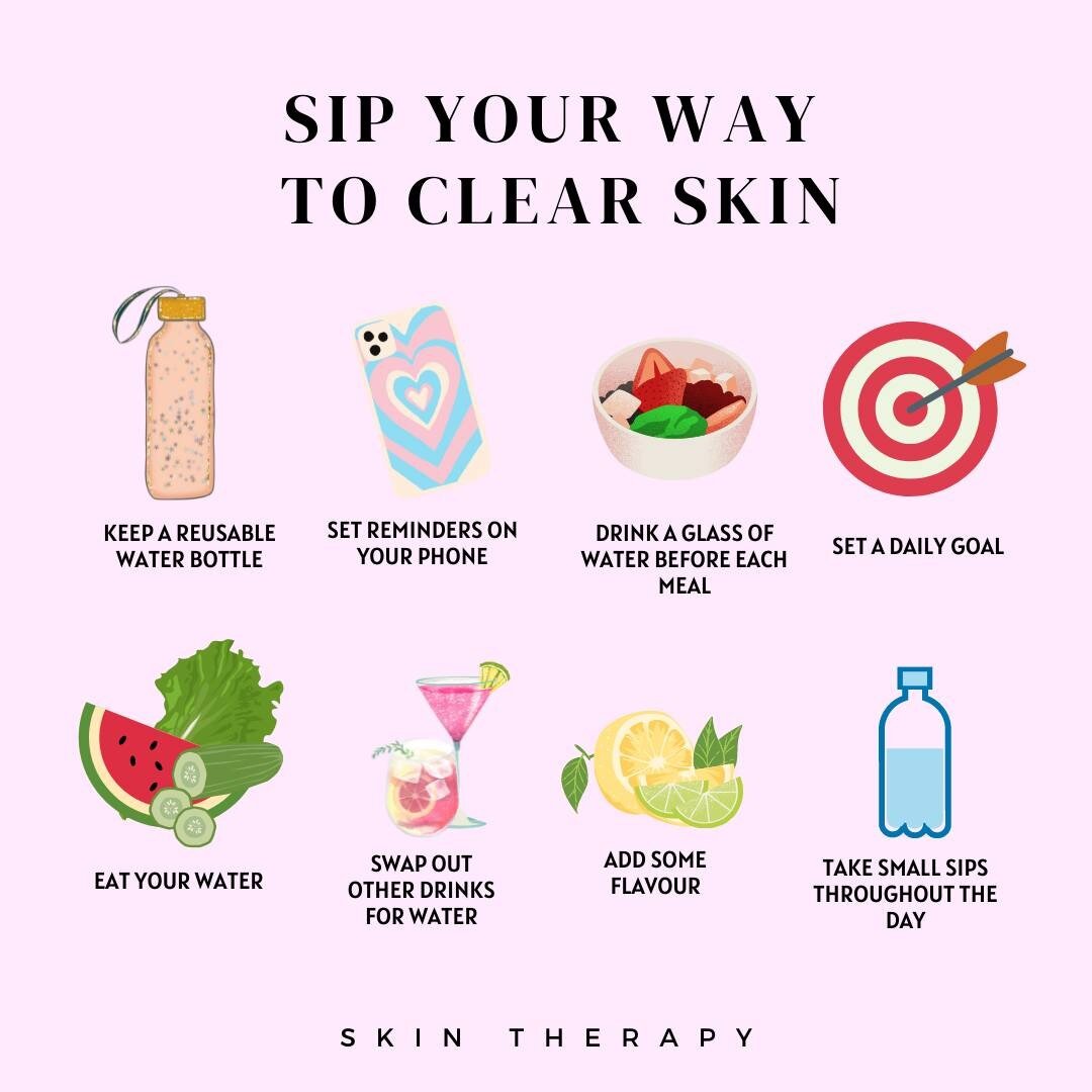 We all know how important hydration is for healthy skin. I know staying hydrated can be a STRUGGLE. 

Here are some quick tips to help you up your water intake:

- Keep a reusable water bottle with you at all times.
- Set reminders on your phone.
- D