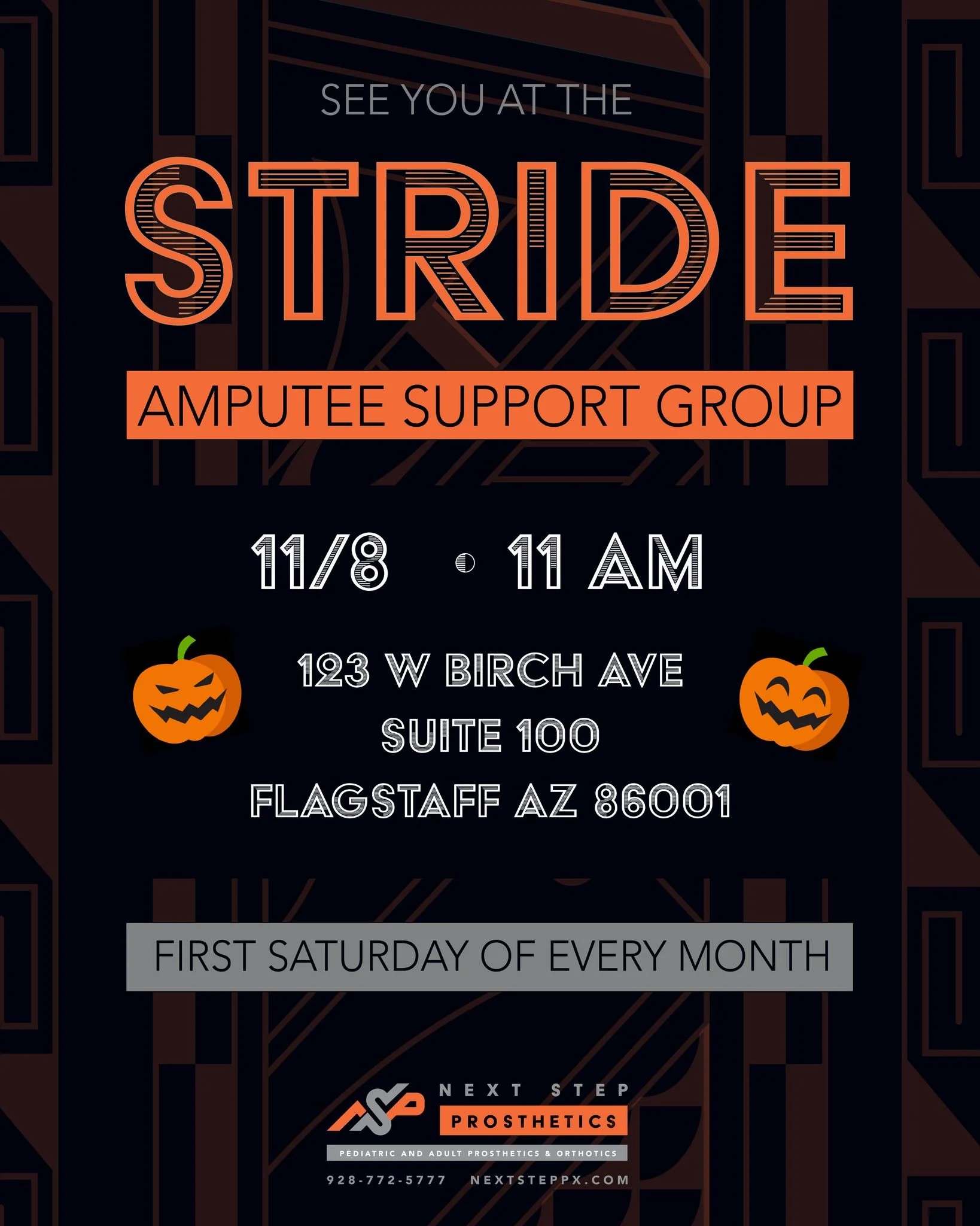 🎃Happy Halloween! 🎃
Heads up! Our next STRIDE Amputee Support Group meeting will be held on November 8th instead of November 1st.

STRIDE is a place where amputees, friends, family, and supporters can come together to share stories, laugh, and conn