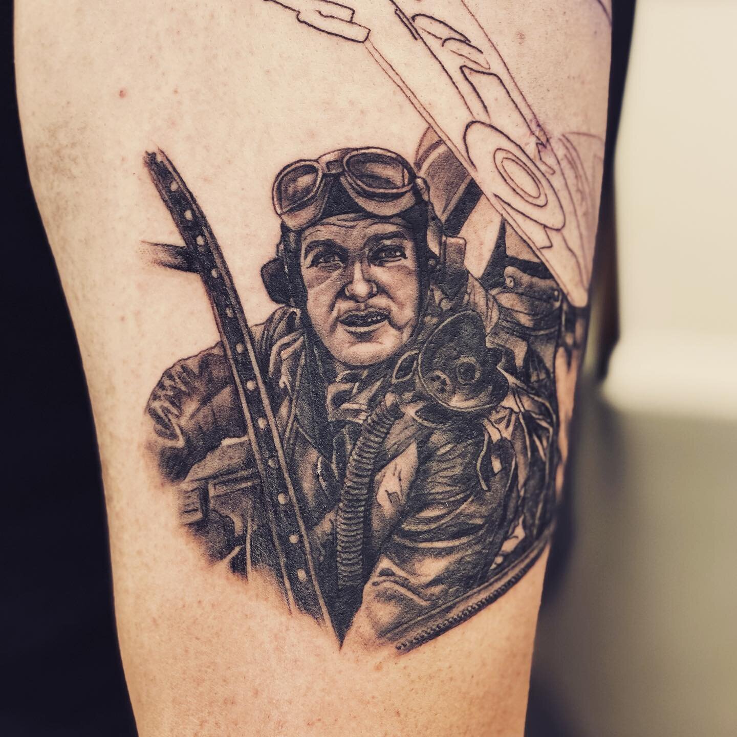 Really enjoyed working on David&rsquo;s WW2 spitfire pilot as part of his sleeve today. #lthirteenuk #ww2spitfire #ww2pilots #ongoingtattoo #blackandgreytattoo