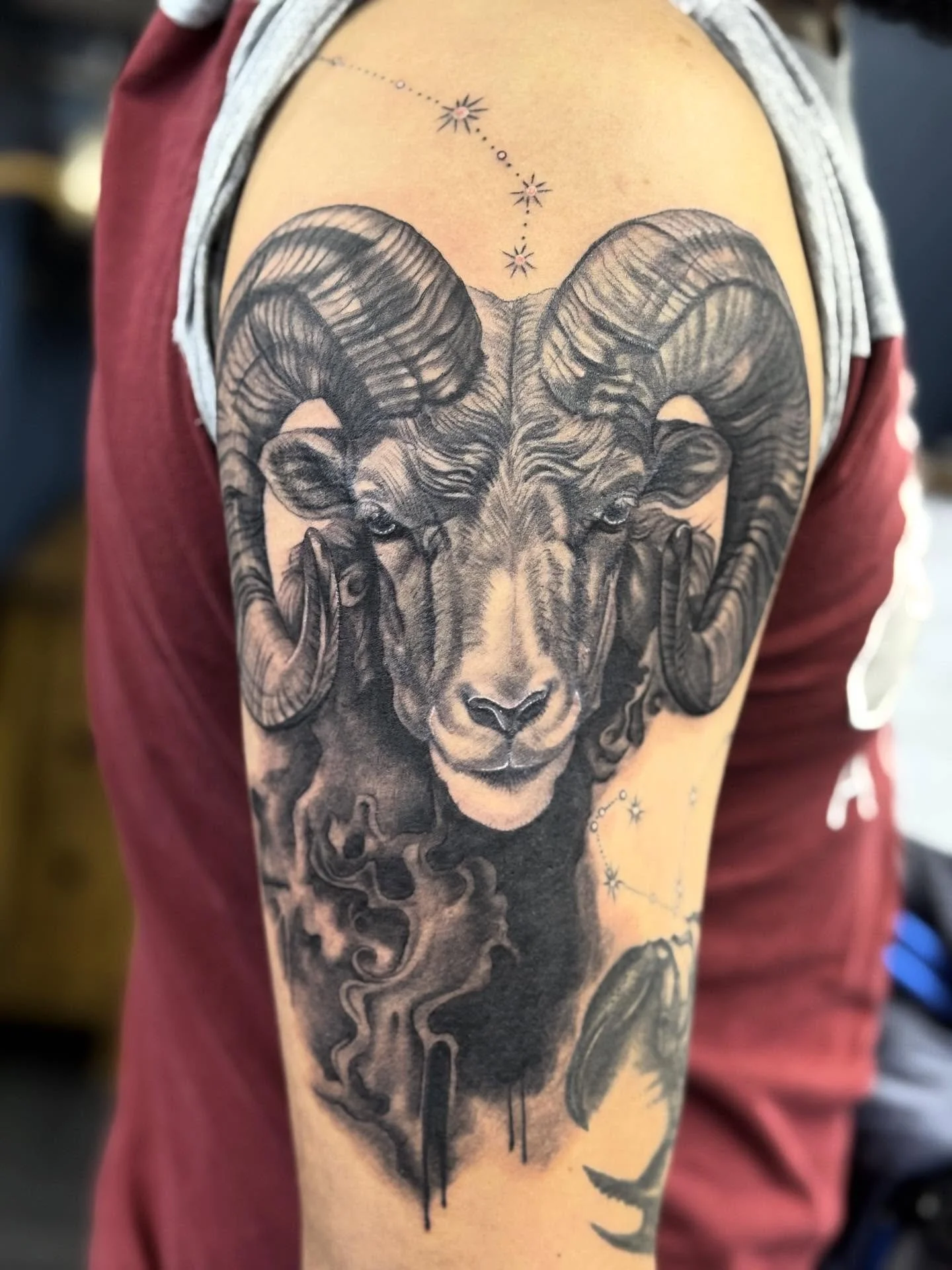 Next bit of Ed&rsquo;s sleeve done. Really enjoyed this piece. By Heidi #lthirteenuk #lthirteenfamily #teignmouth #ariestattoo #blackandgreytattoo