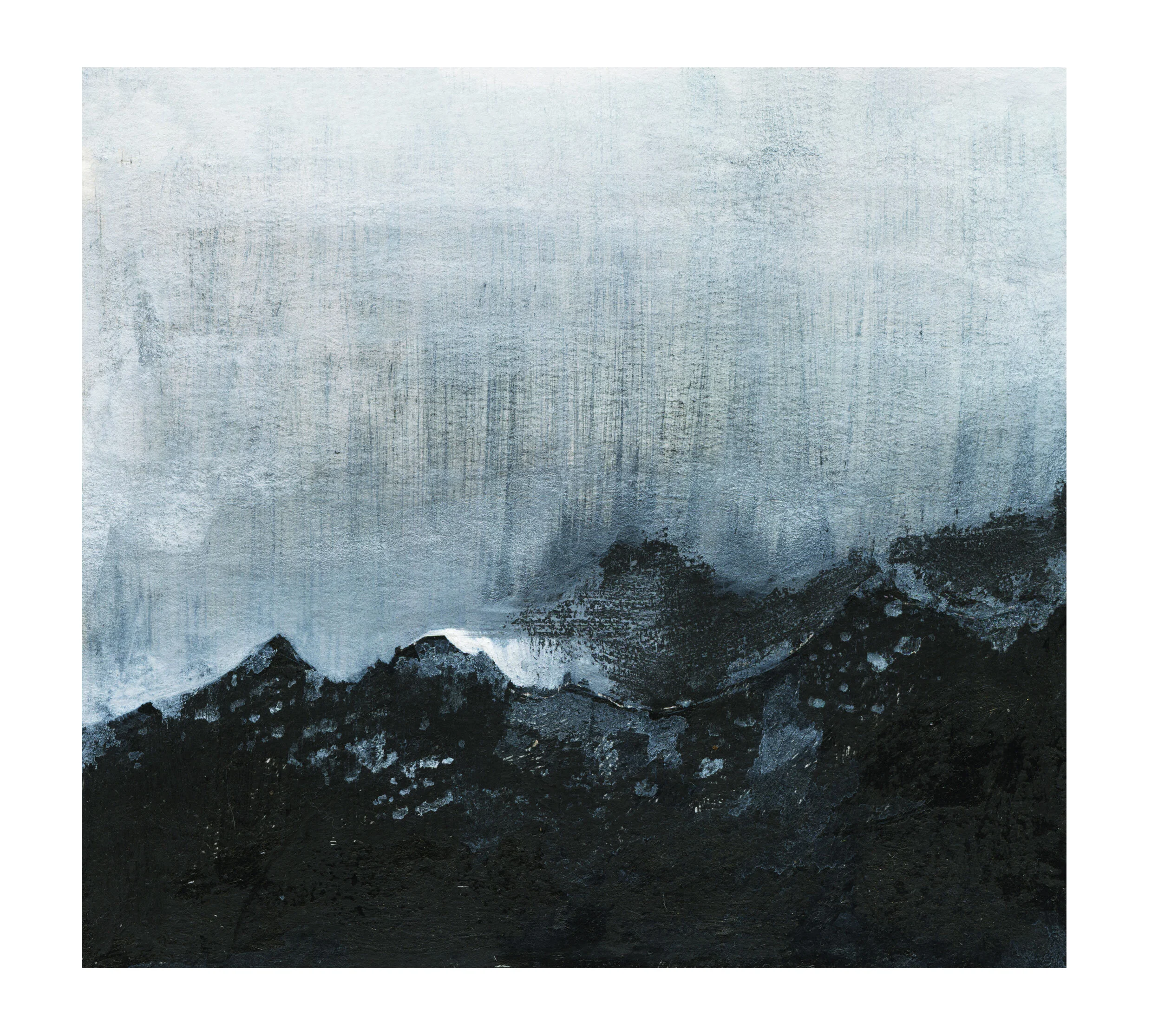 A landscape ink painting of snow-capped mountains with dark slopes at the bottom and a cloudy sky above, using shades of blue, grey, and black.