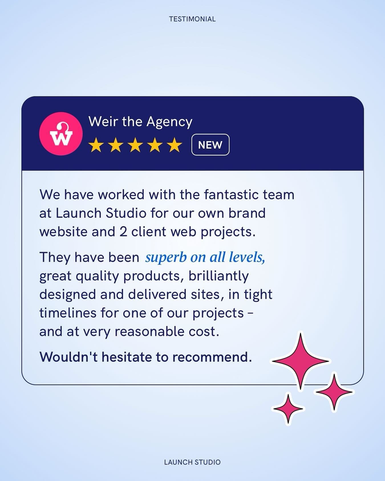 Setting Weir: The Agency&rsquo;s website live and receiving this lovely Google review! What a great day 🥳🚀

Thanks for your kind words &ndash;&nbsp;team work makes the dream work ✨

#launchstudiouk #hertsbusinesses #creativity #graphicdesignagency 