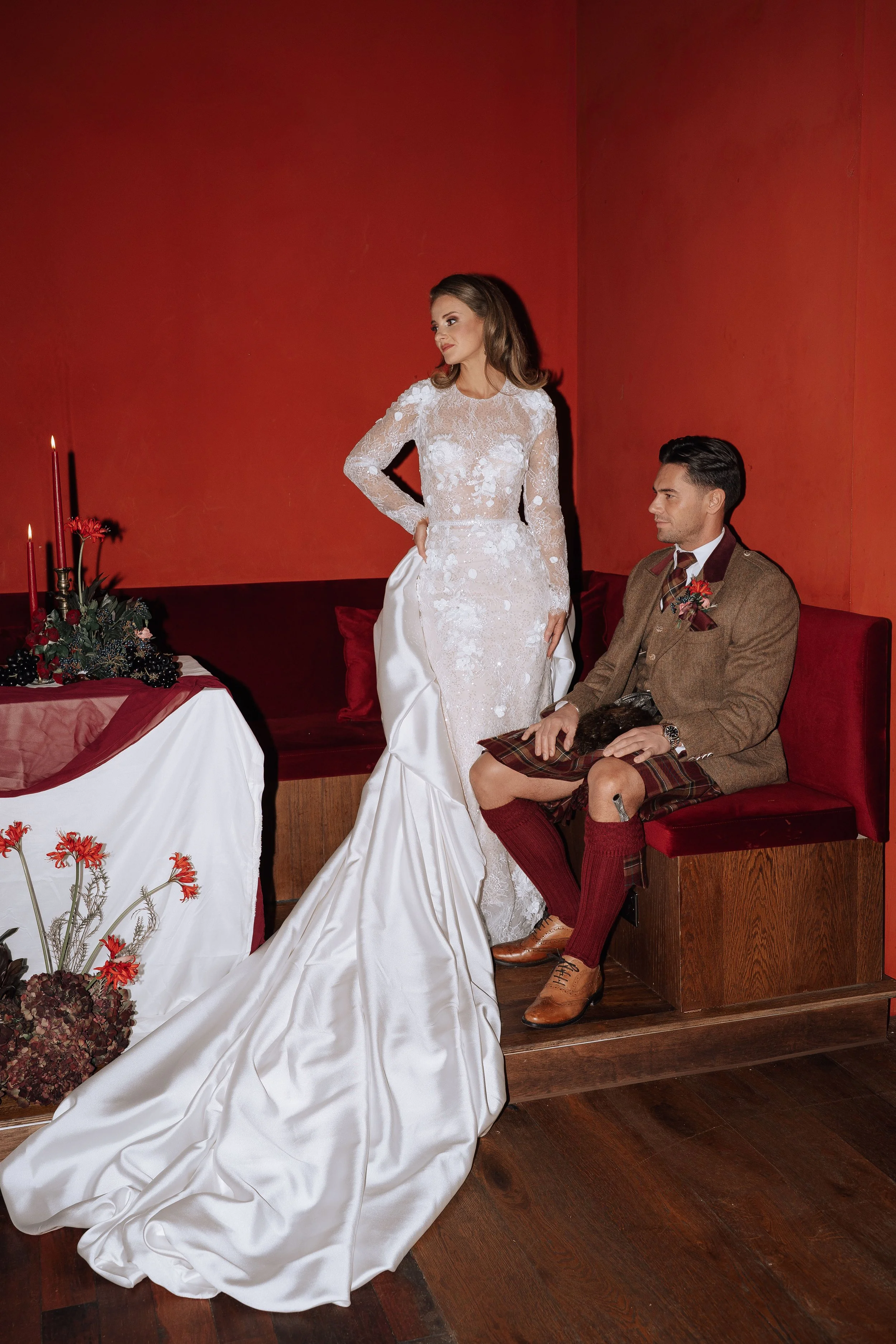 Decadent and vampy wedding photoshoot in Shawlands at The Marlborough with Glasgow florist, Rook Botanics.