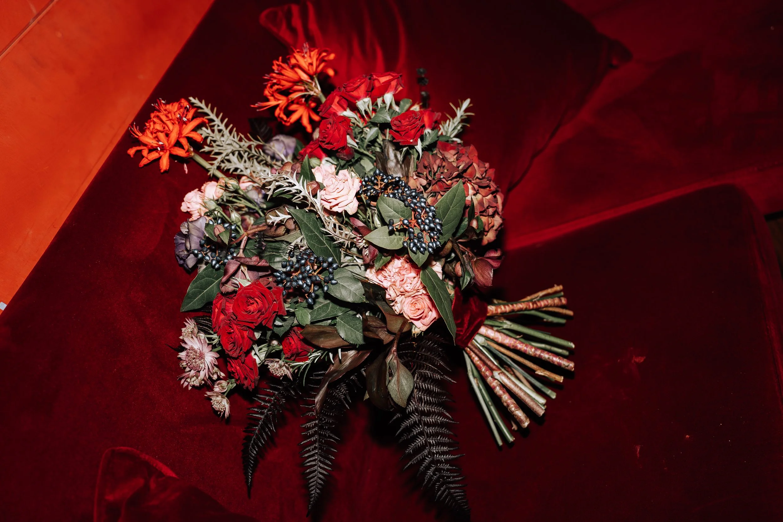 Decadent and vampy wedding bouquet in Shawlands at The Marlborough with Glasgow florist, Rook Botanics.