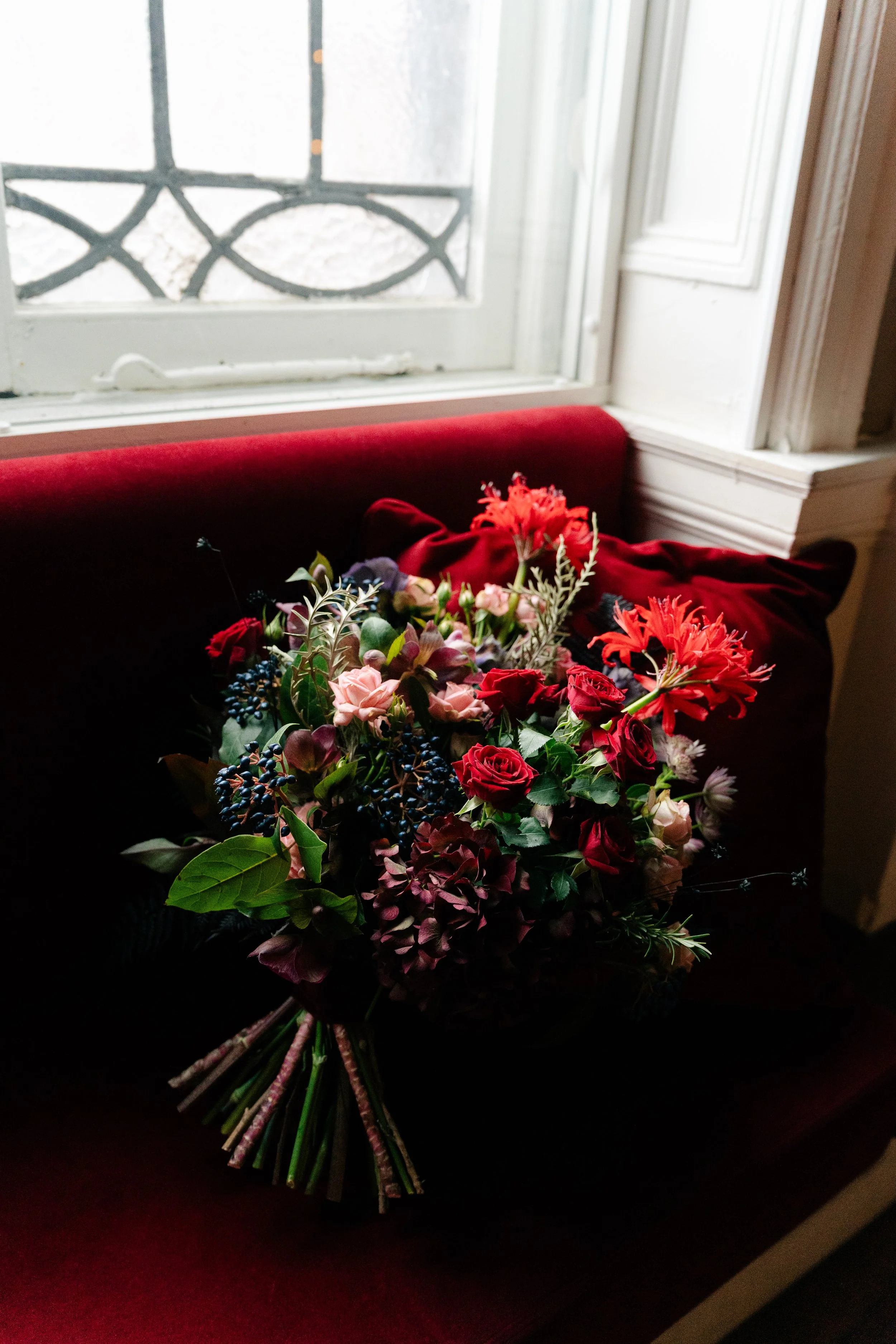 Decadent and vampy wedding photoshoot in Shawlands at The Marlborough with Glasgow florist, Rook Botanics.