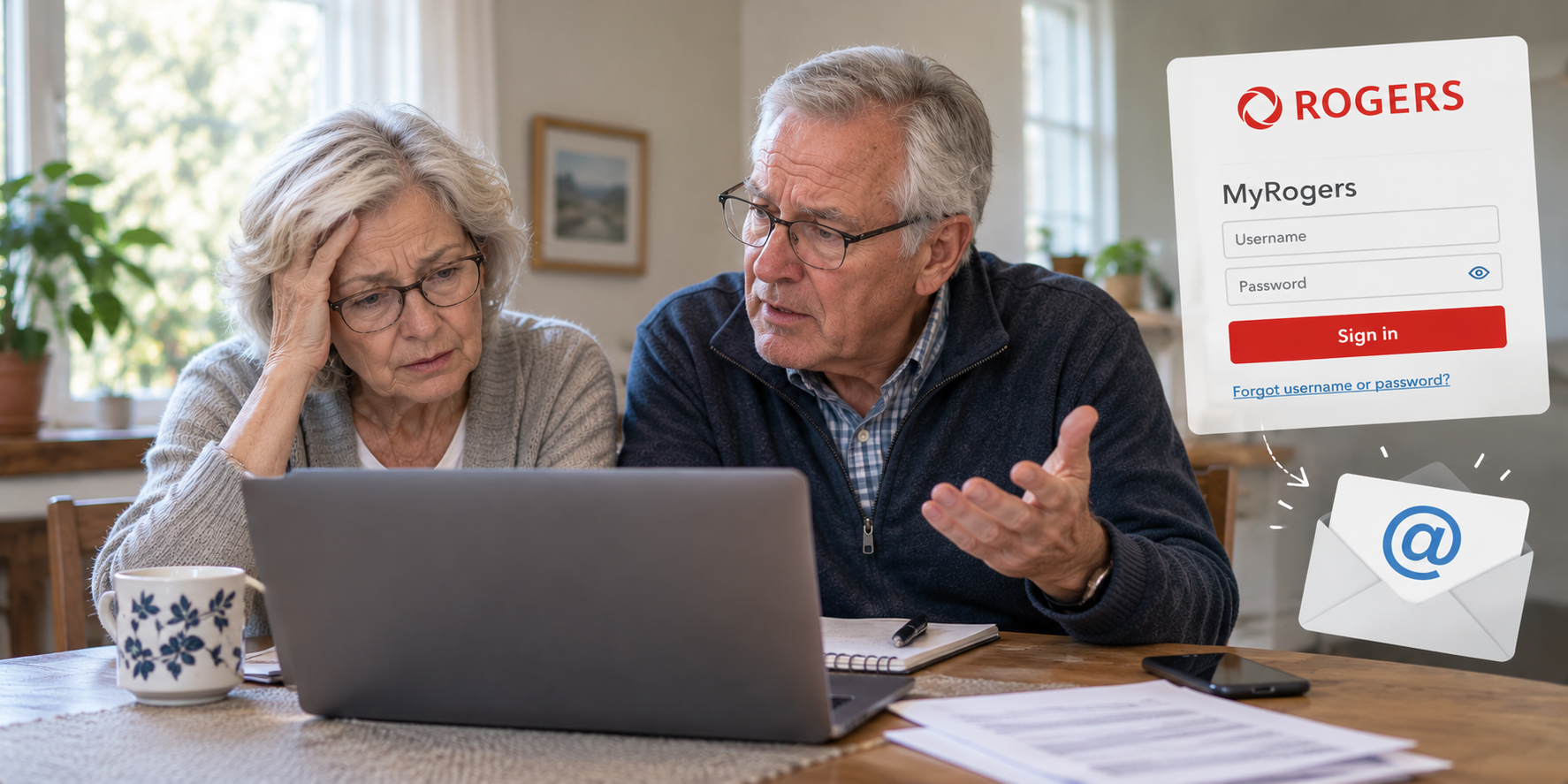 Illustration of a senior couple struggling with Shaw email passwords on their laptop, alongside a MyRogers sign-in screen.