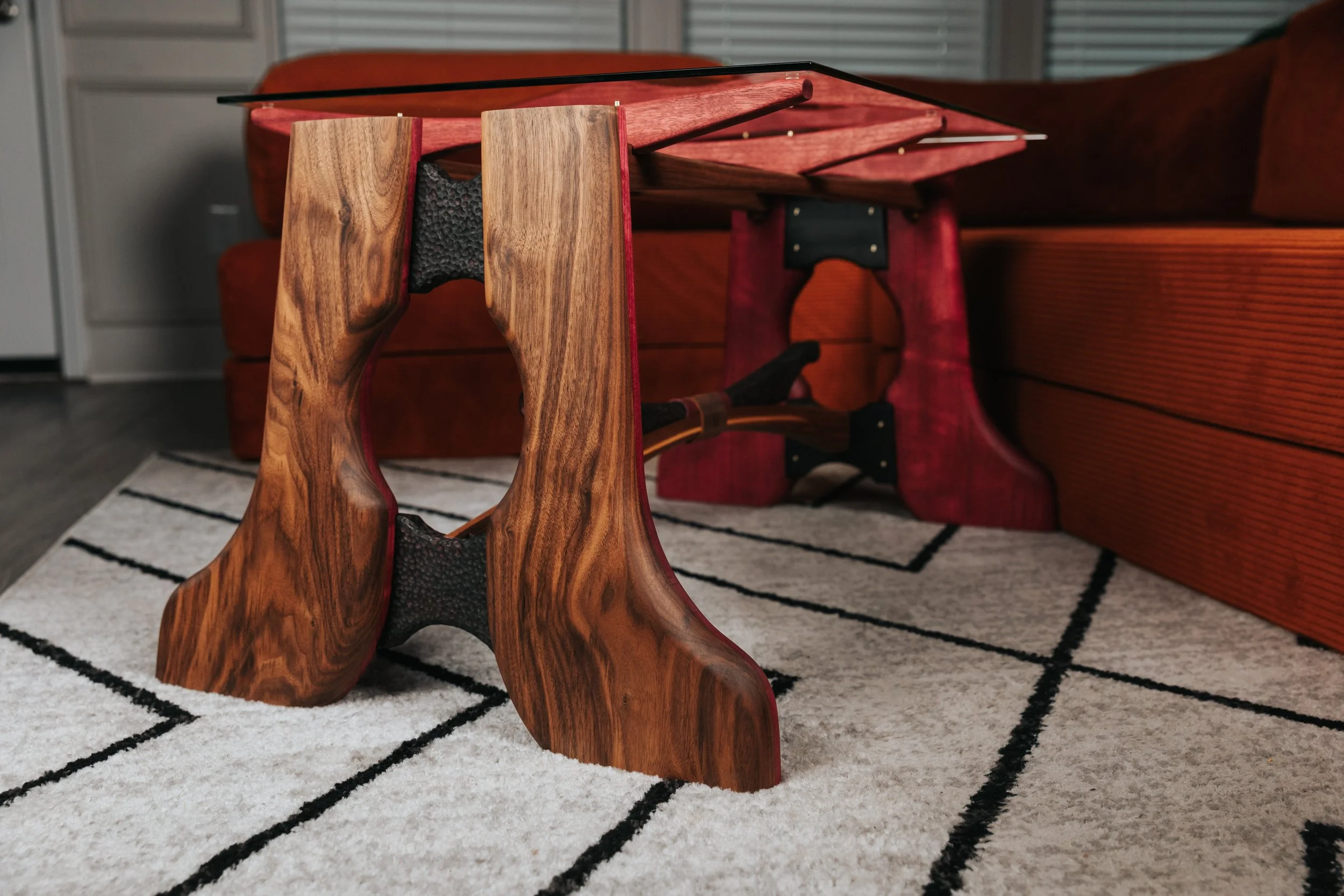 abstract table base with purple heart and walnut hardwood