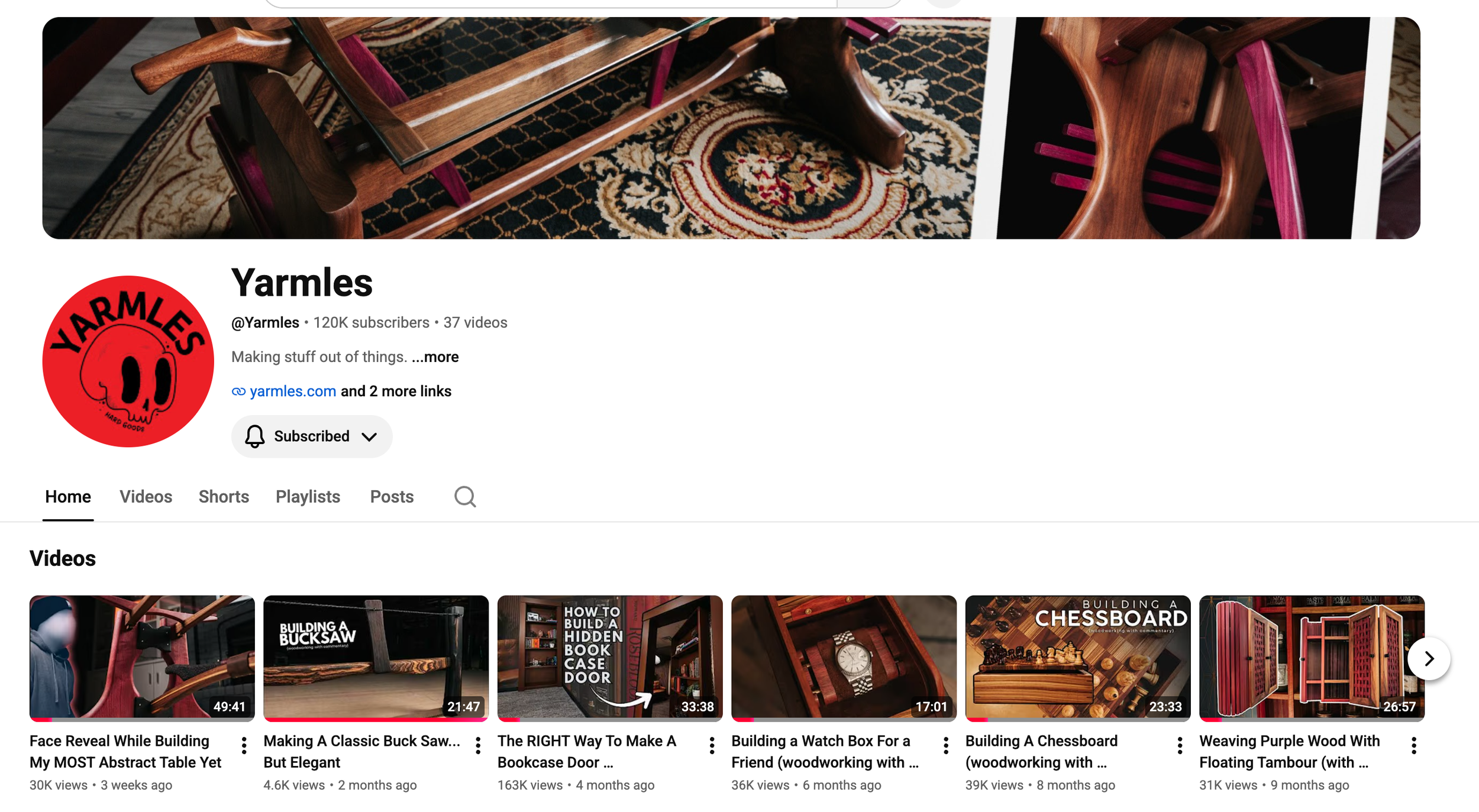 screenshot of youtube page for Yarmles, a woodworking creator building unique projects with DIY e-books for purchase